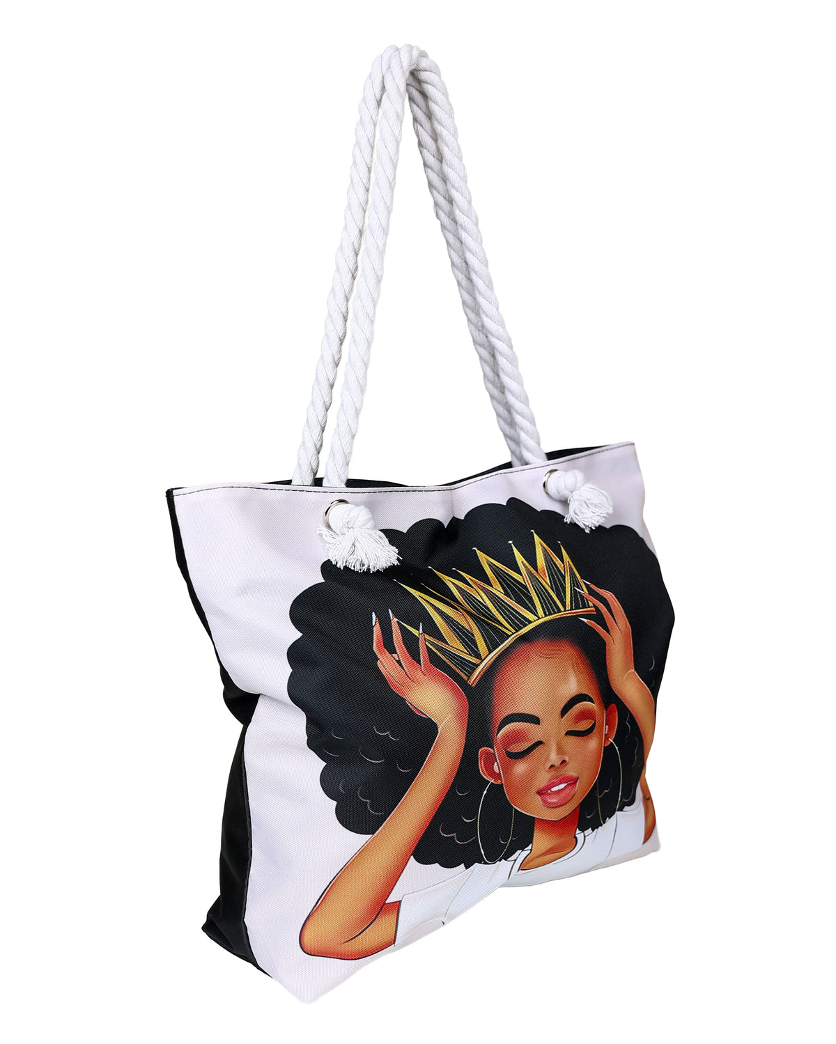 Queen White & Black Canvas Beach Bag