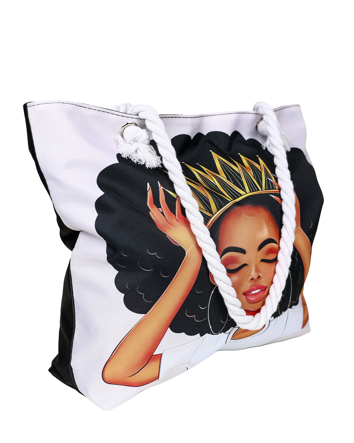 Queen White & Black Canvas Beach Bag