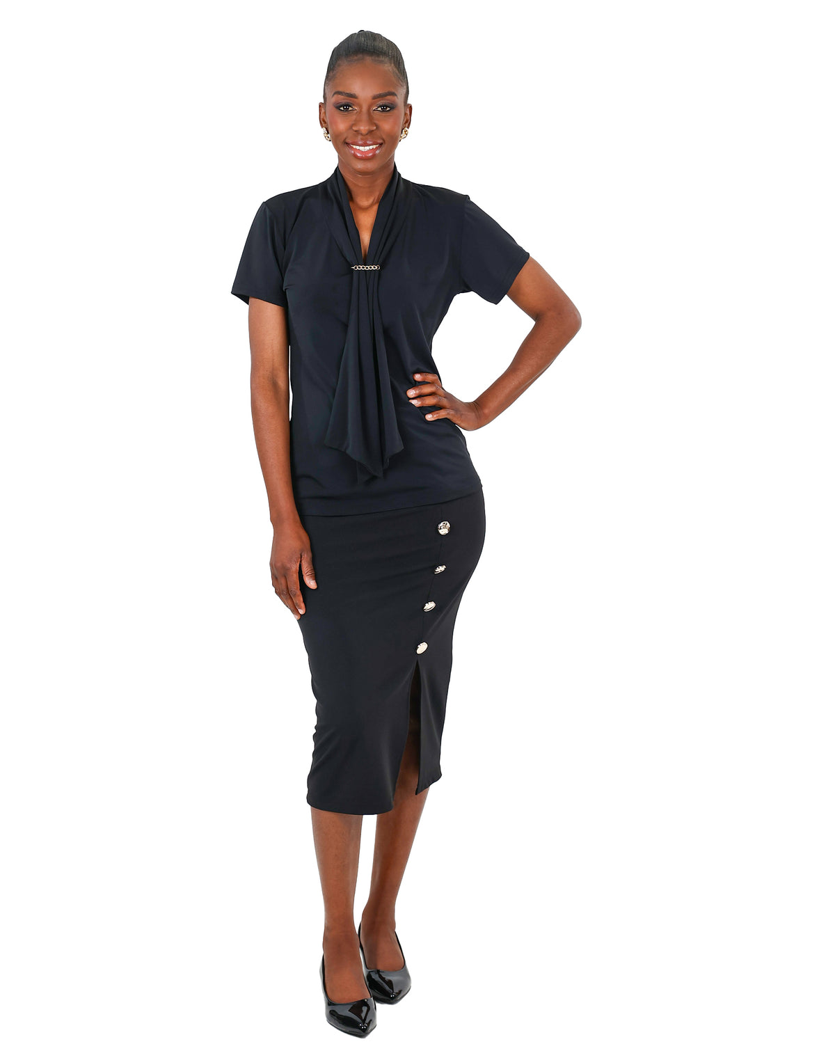 Short Sleeve Black Tie Trim Detail Blouse