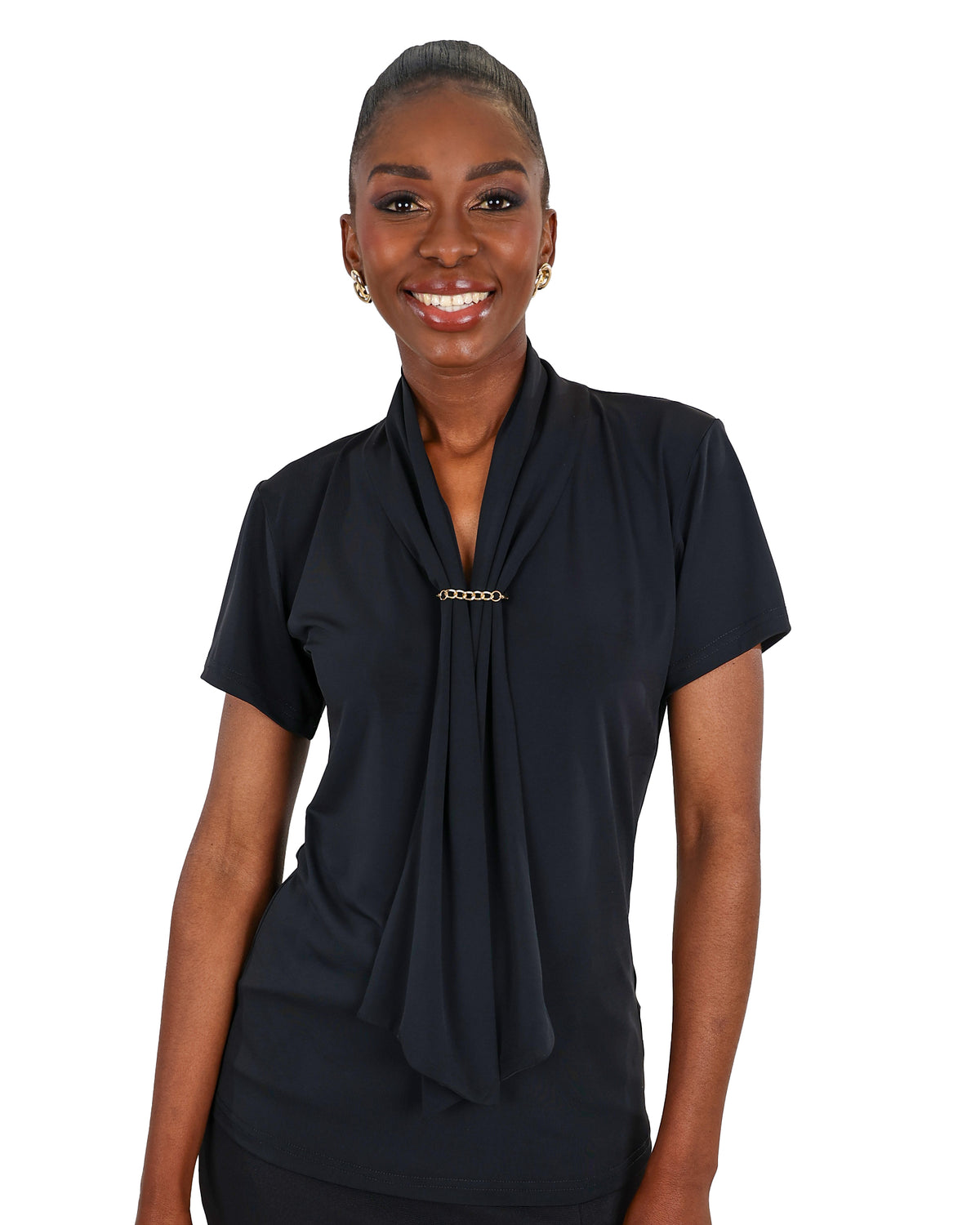 Short Sleeve Black Tie Trim Detail Blouse