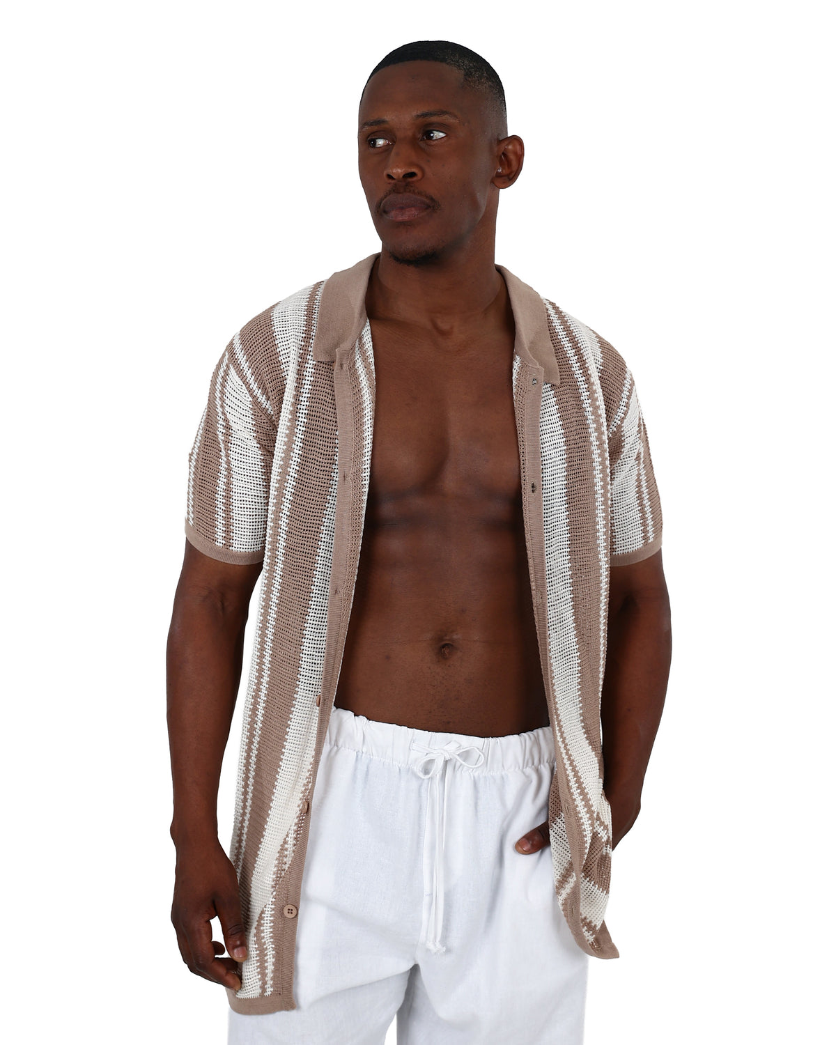 Short Sleeve Taupe & Cream Crochet Shirt