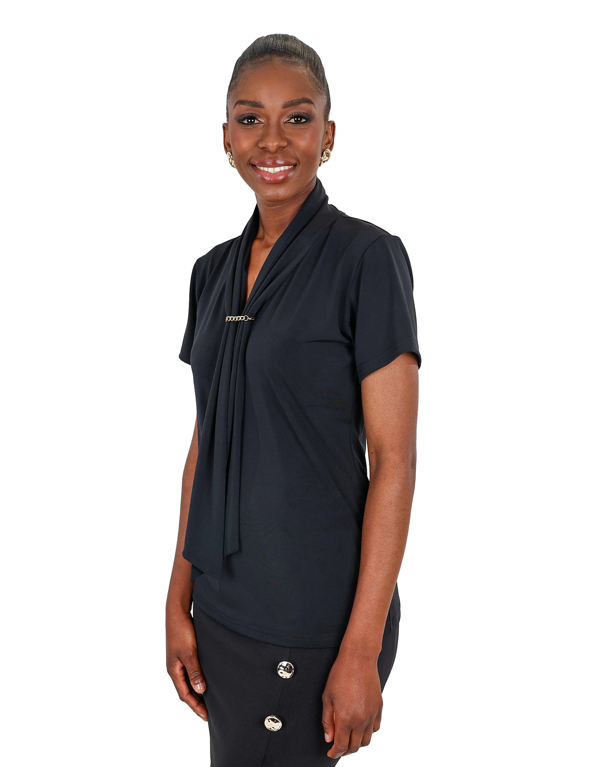 Short Sleeve Black Tie Trim Detail Blouse