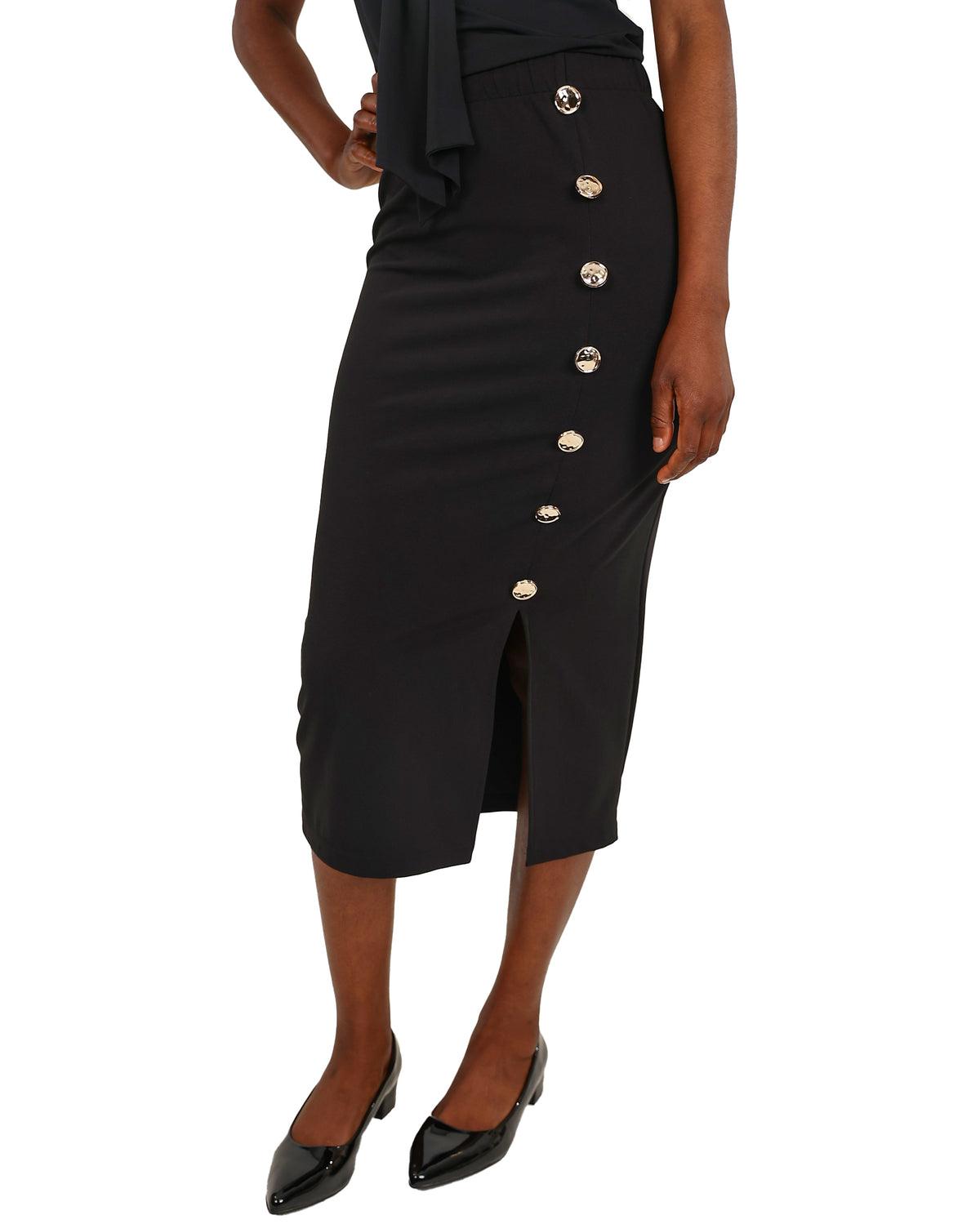 Black Button Detail Ottoman Midi Pencil Skirt