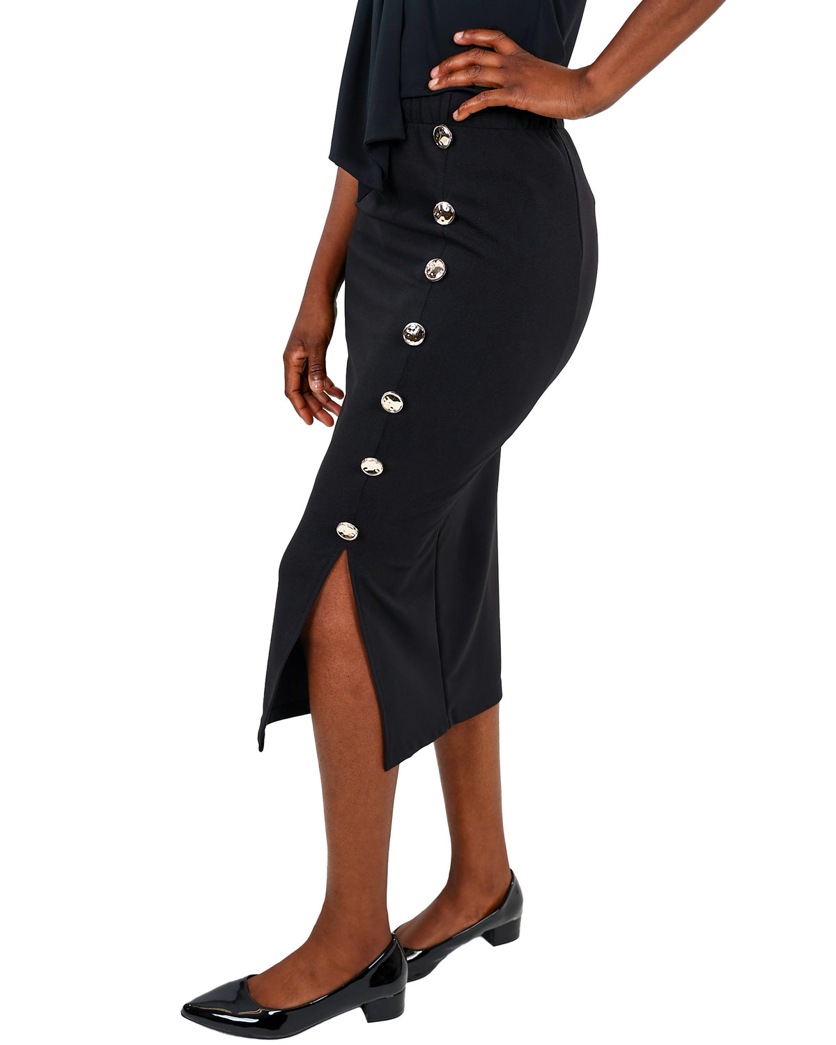 Black Button Detail Ottoman Midi Pencil Skirt