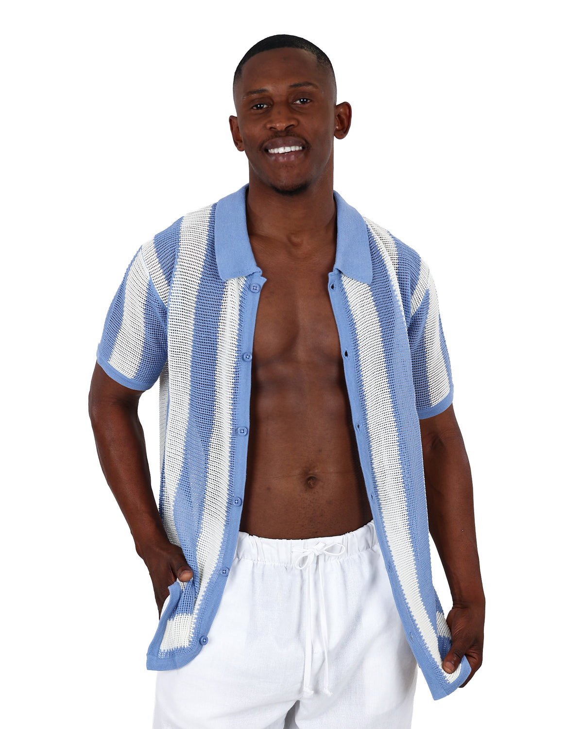 Short Sleeve Blue Stripe Knit Shirt