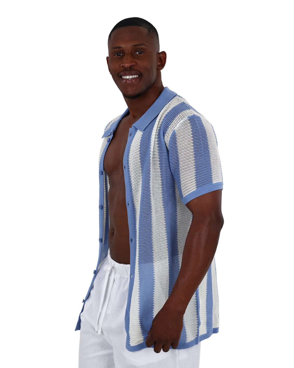 Short Sleeve Blue Stripe Knit Shirt
