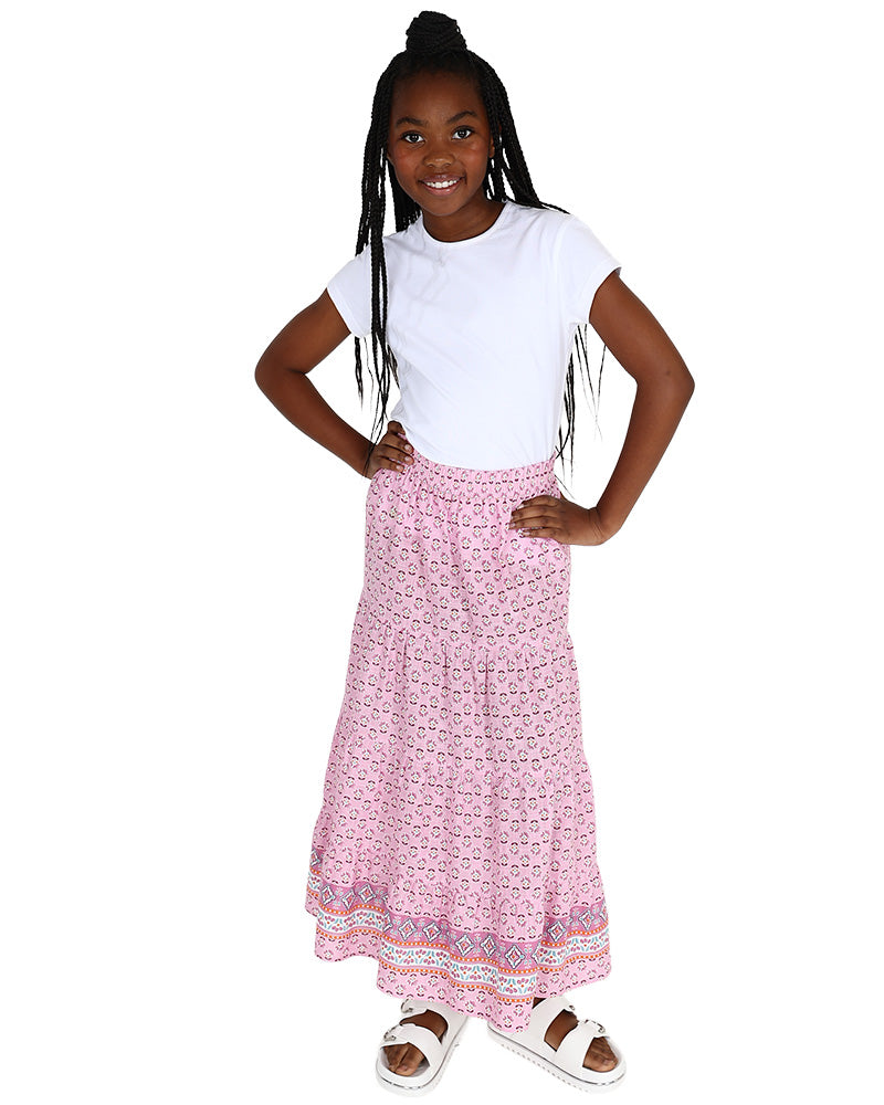 Border Print Tiered Maxi Skirt