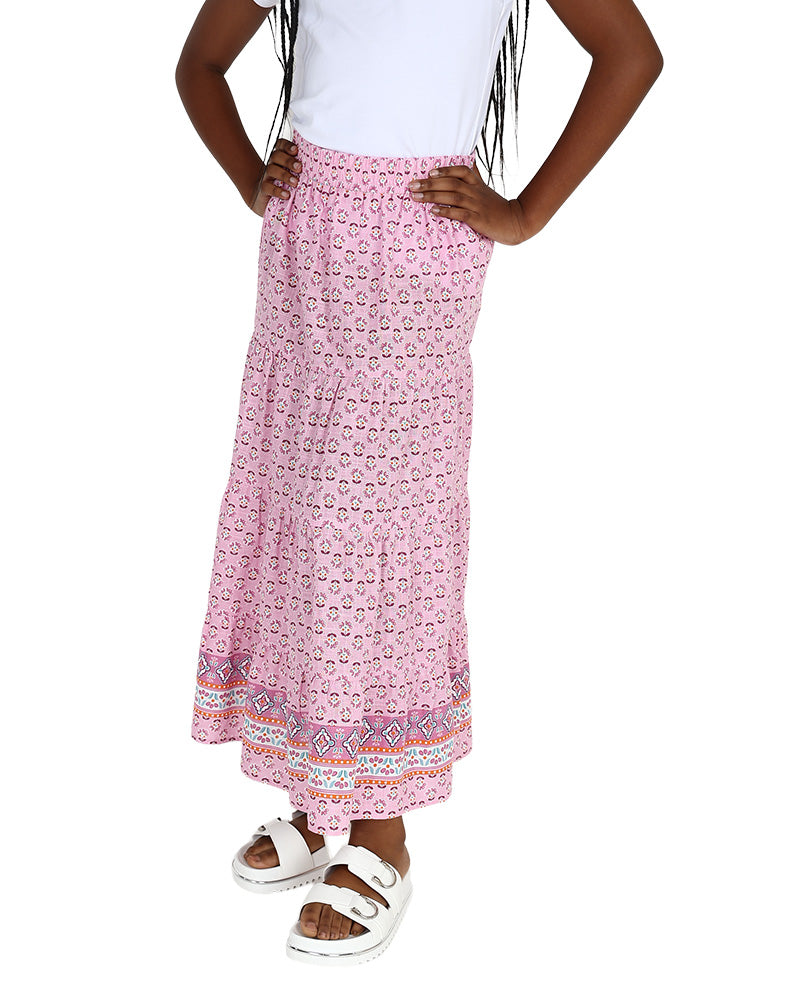 Border Print Tiered Maxi Skirt