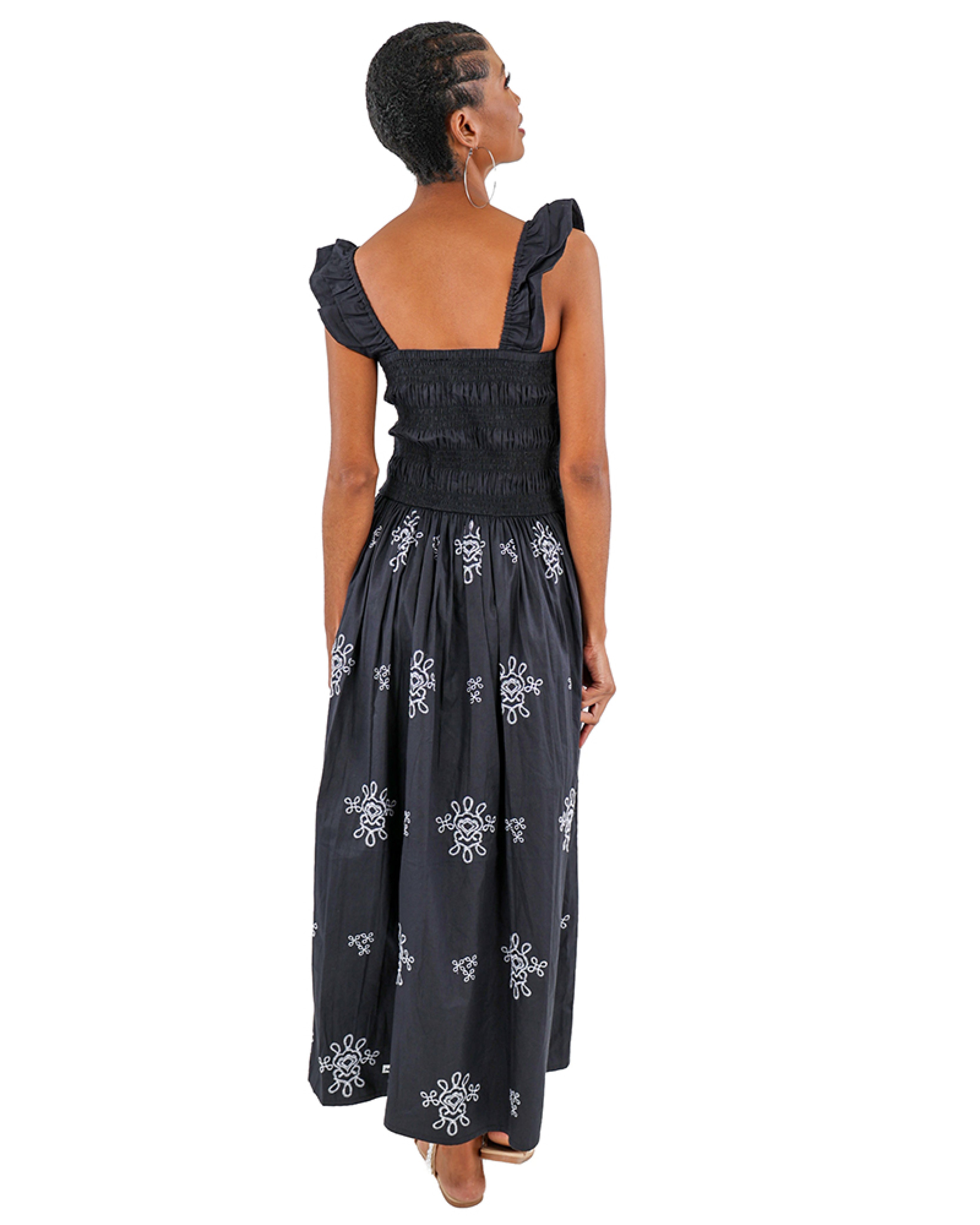 Ruffle Strap Embroidered Black Maxi Dress