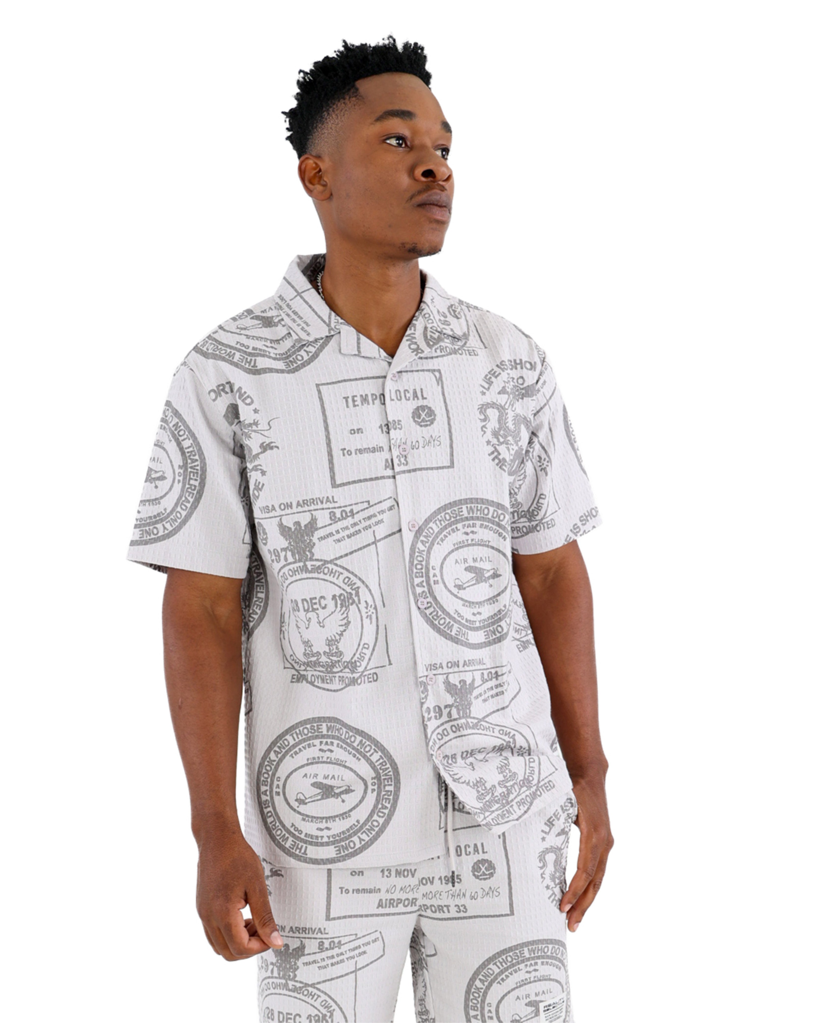 Grey Stamp Print Textured Short Sleeve Shirt