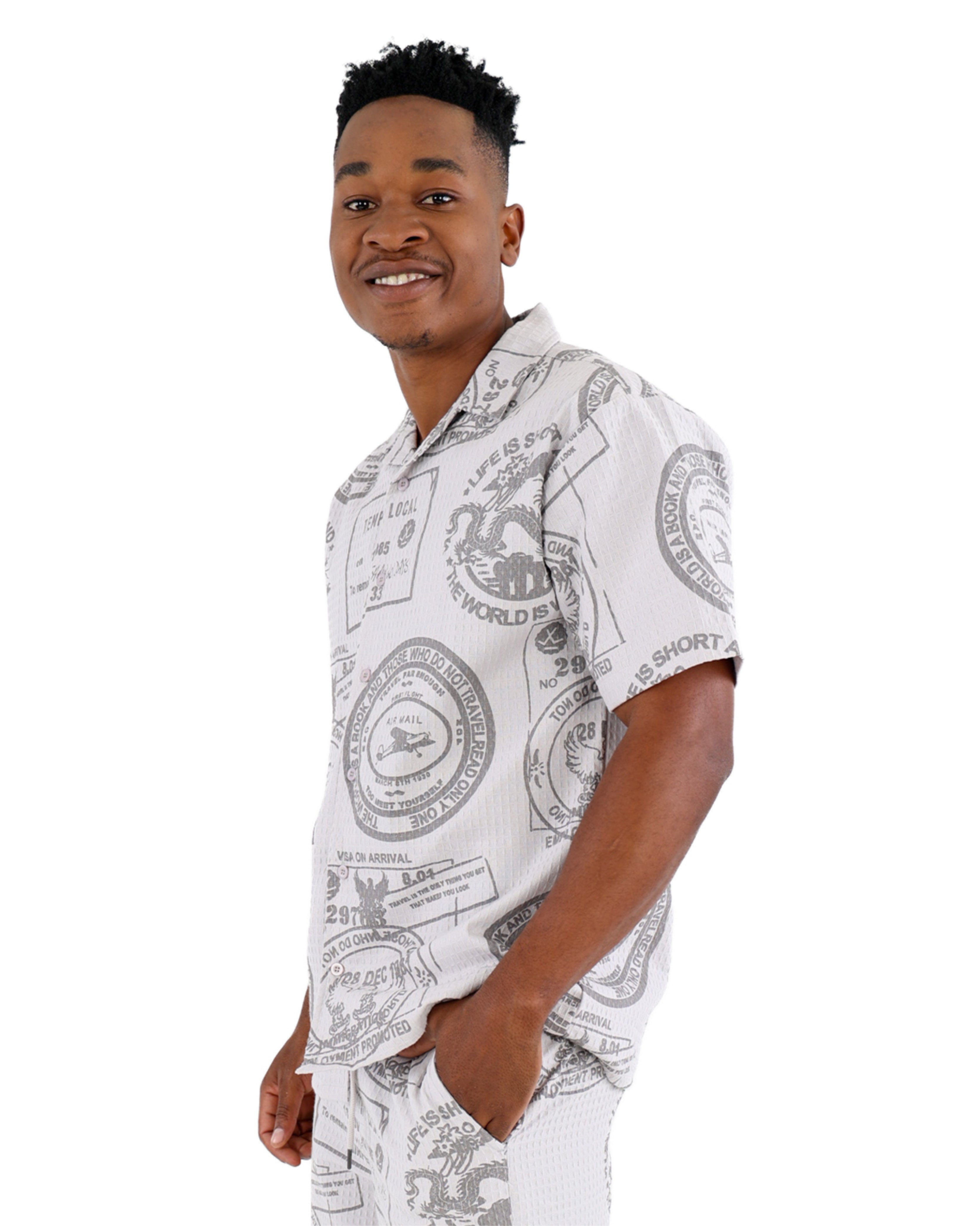 Grey Stamp Print Textured Short Sleeve Shirt