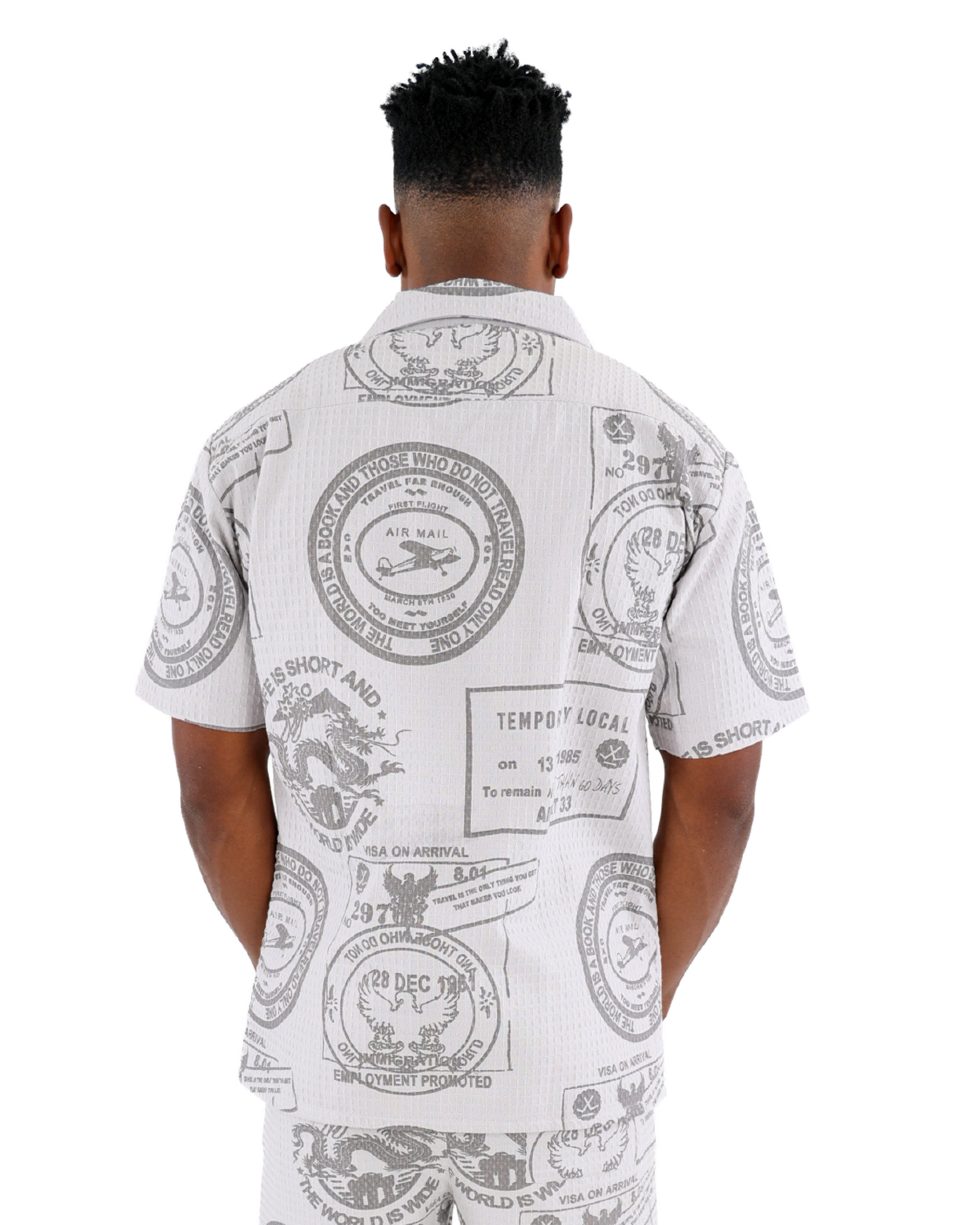 Grey Stamp Print Textured Short Sleeve Shirt