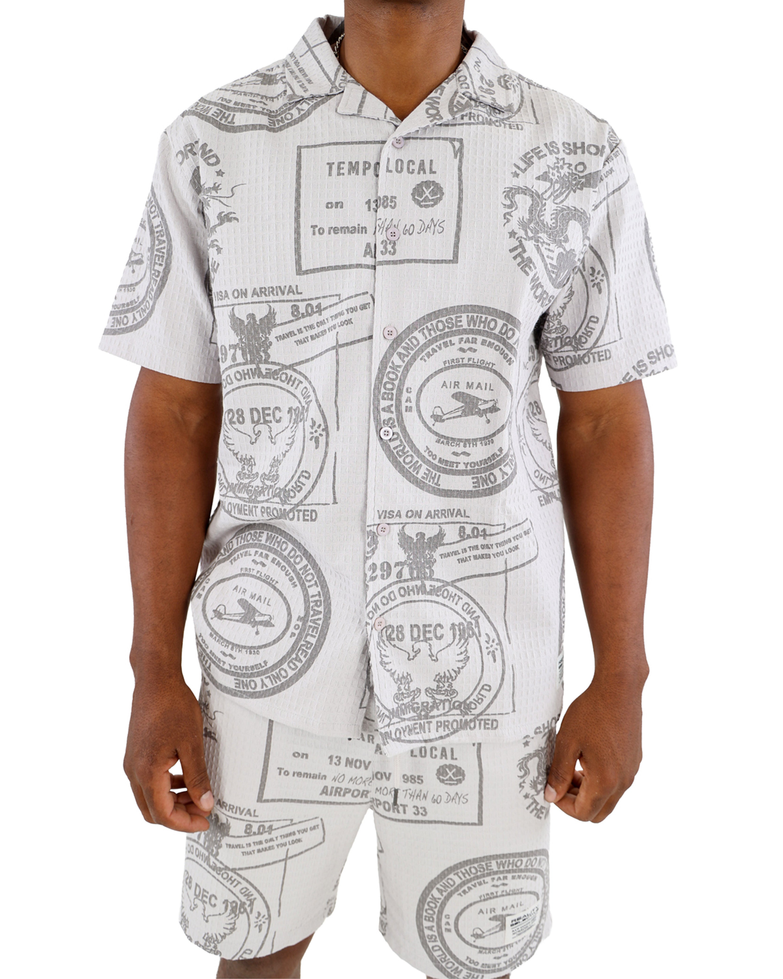 Grey Stamp Print Textured Short Sleeve Shirt