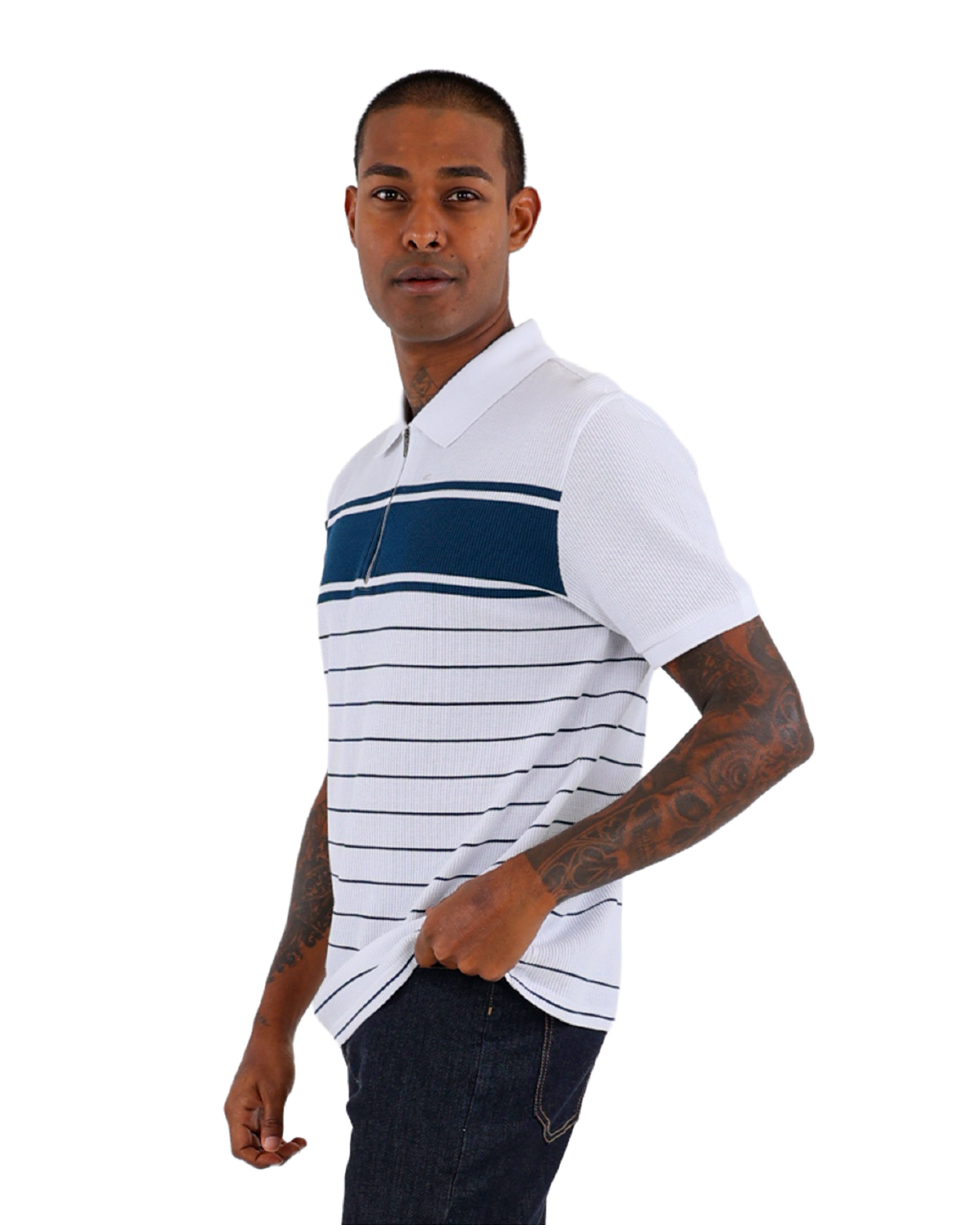 Zip Detail Short Sleeve Stripe Golfer