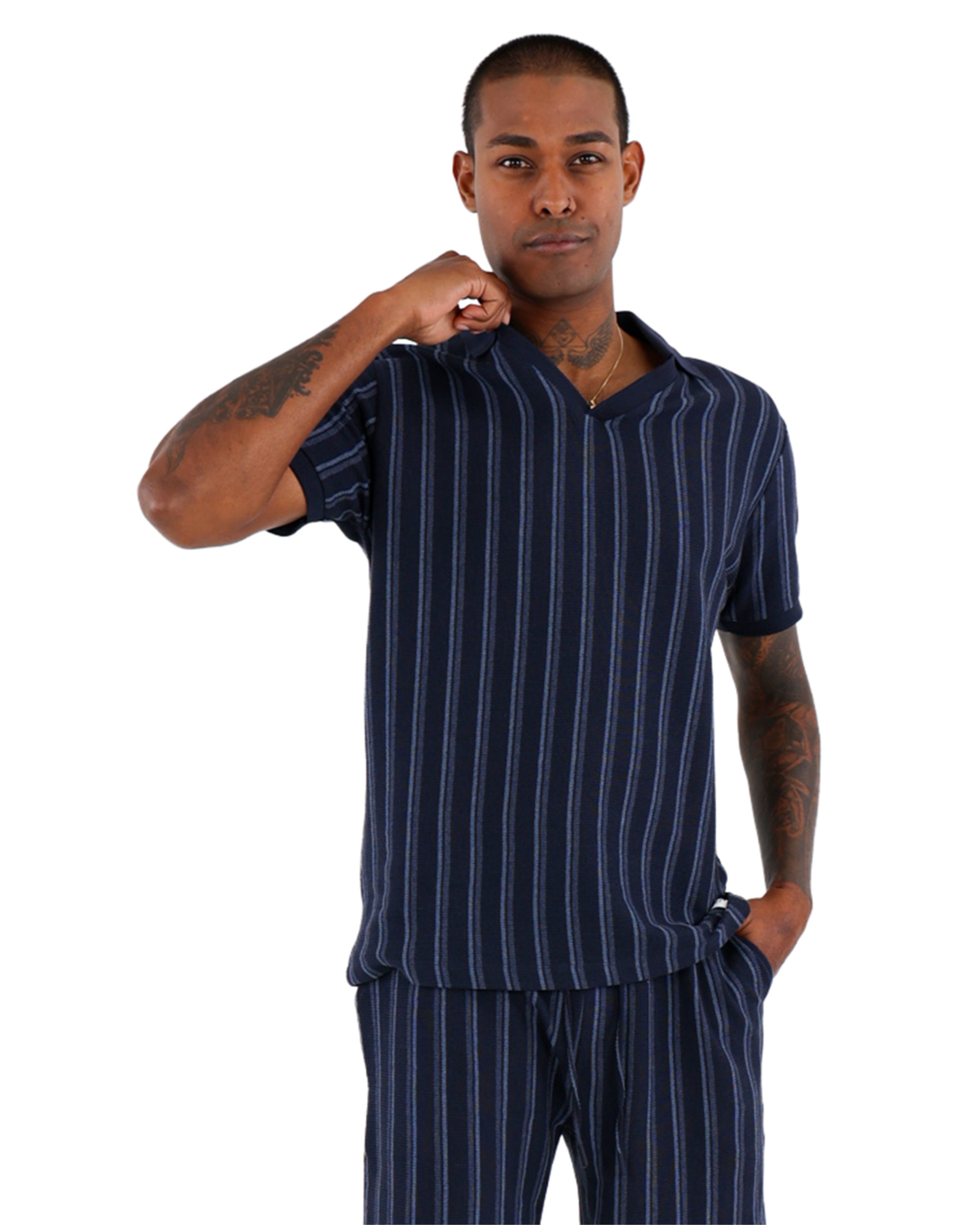 Textured Johnny Collar Short Sleeve Striped Golfer