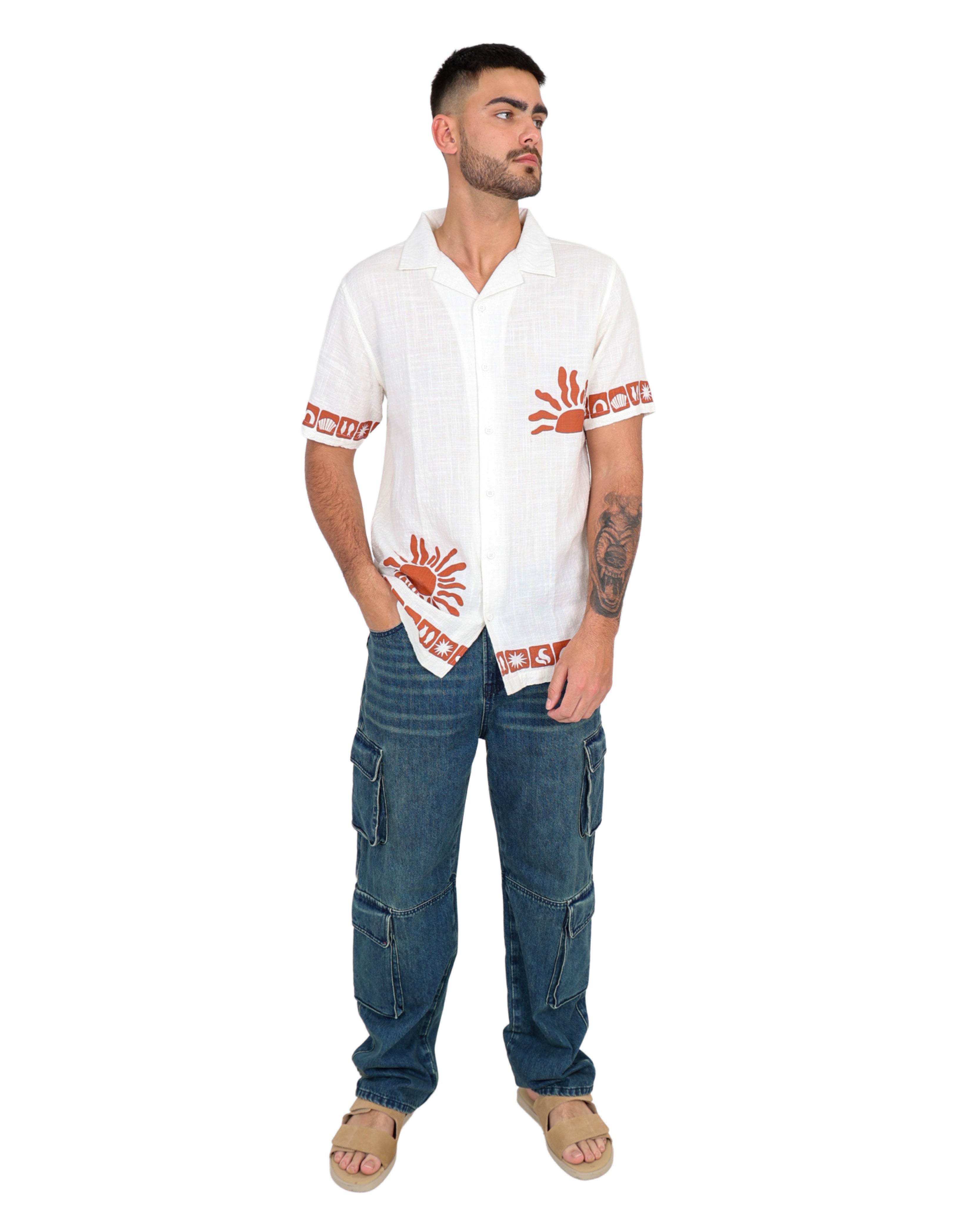 Short Sleeve Border Print Textured Slub Shirt