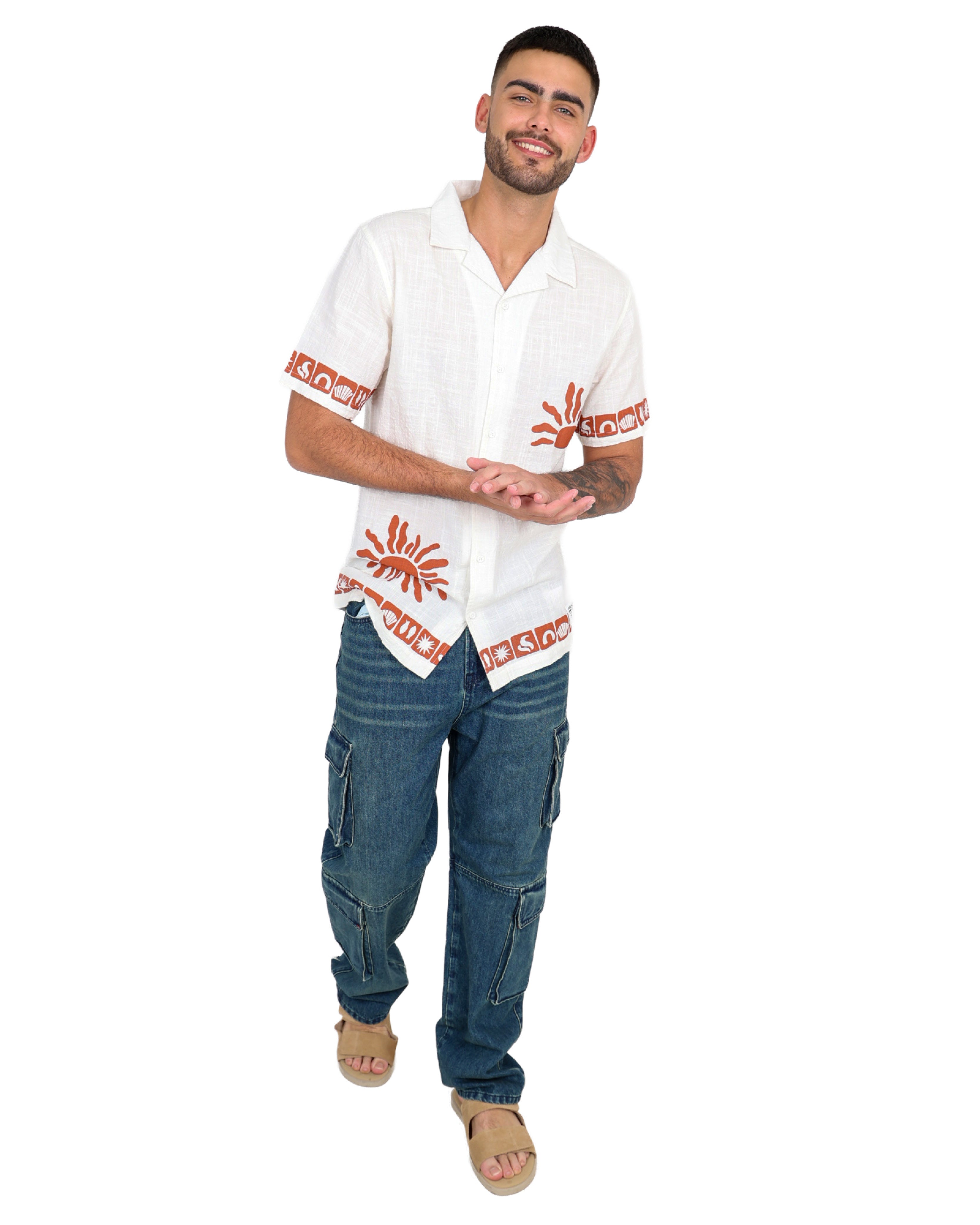 Short Sleeve Border Print Textured Slub Shirt