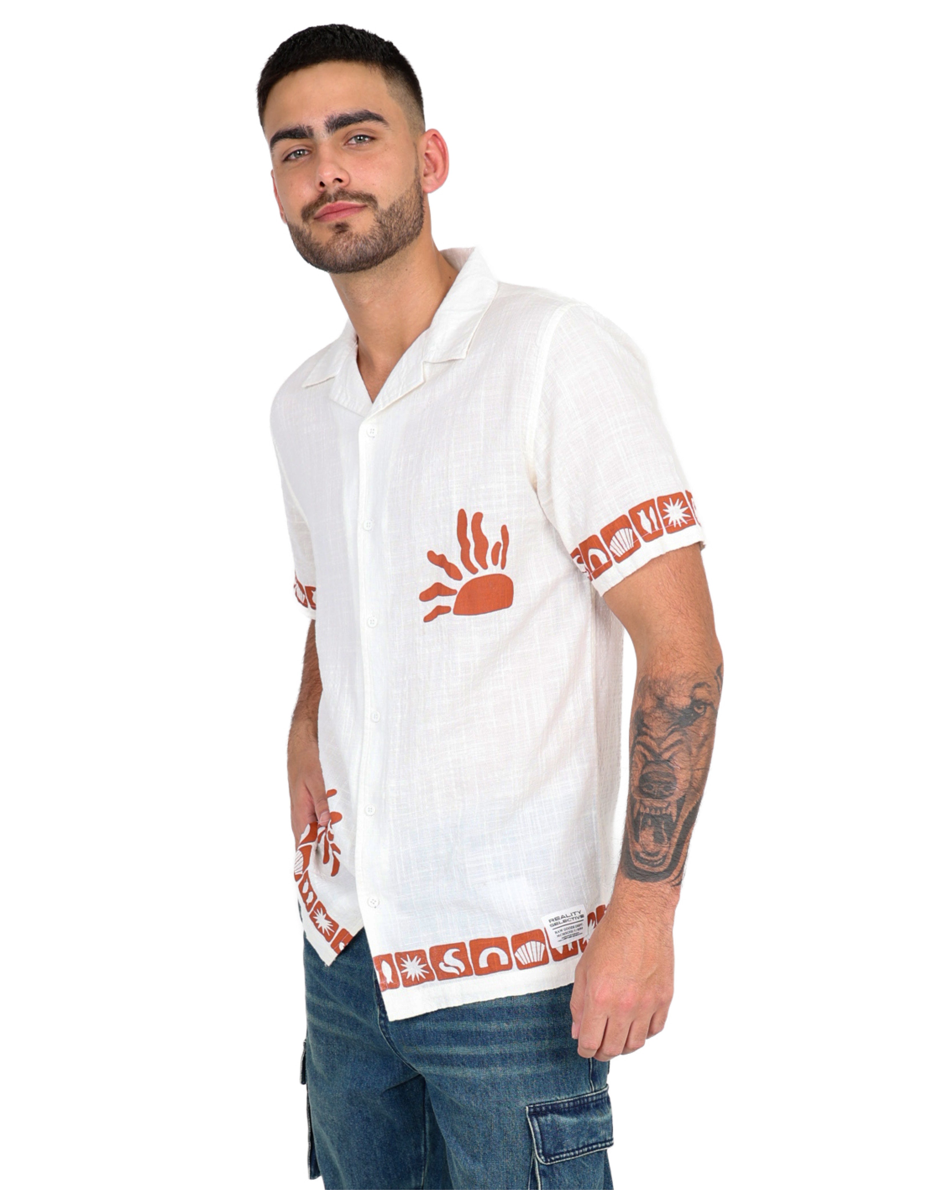 Short Sleeve Border Print Textured Slub Shirt