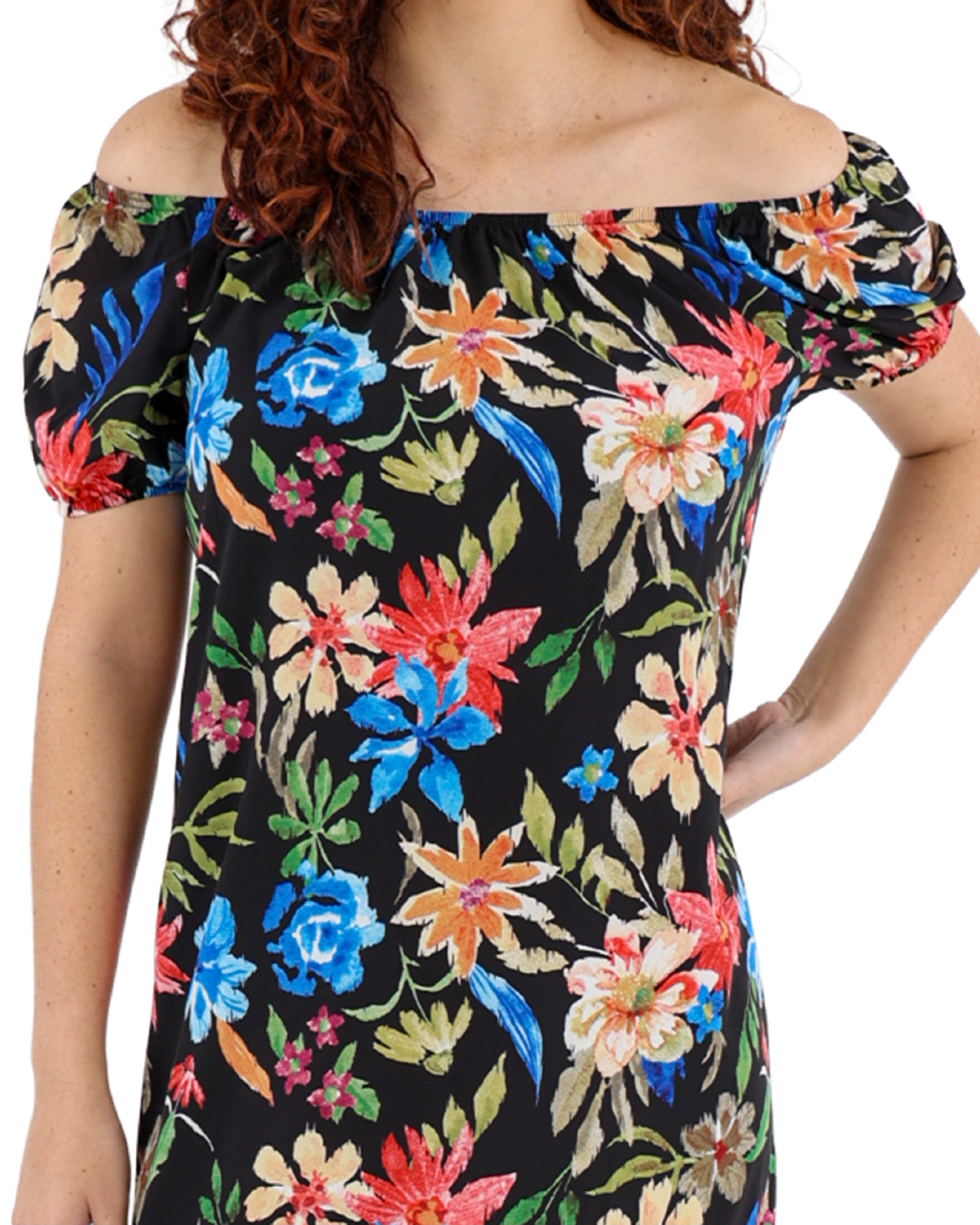 Short Puff Sleeve Tropical Print Dress