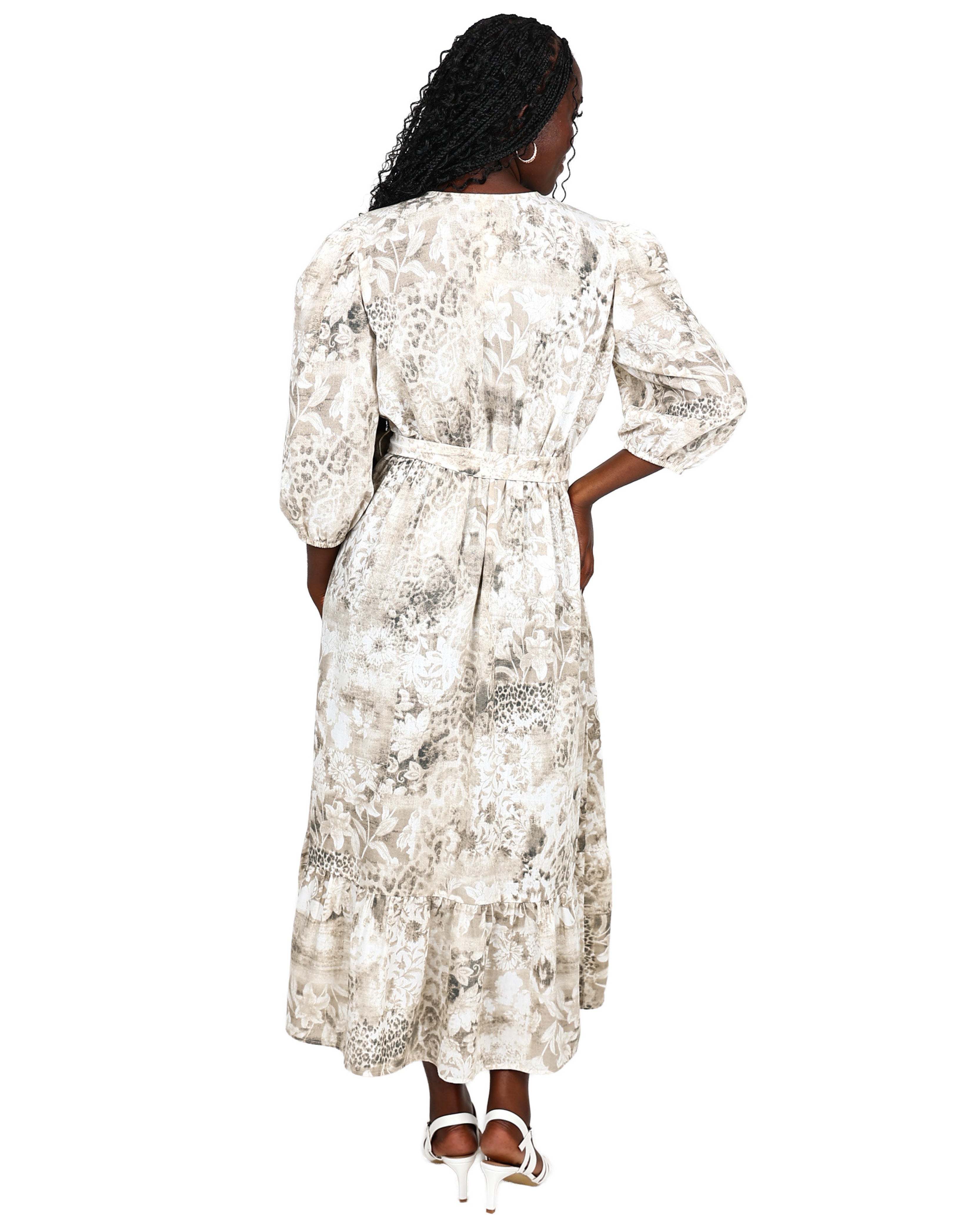 Short Sleeve Stone Floral Print Midi Dress