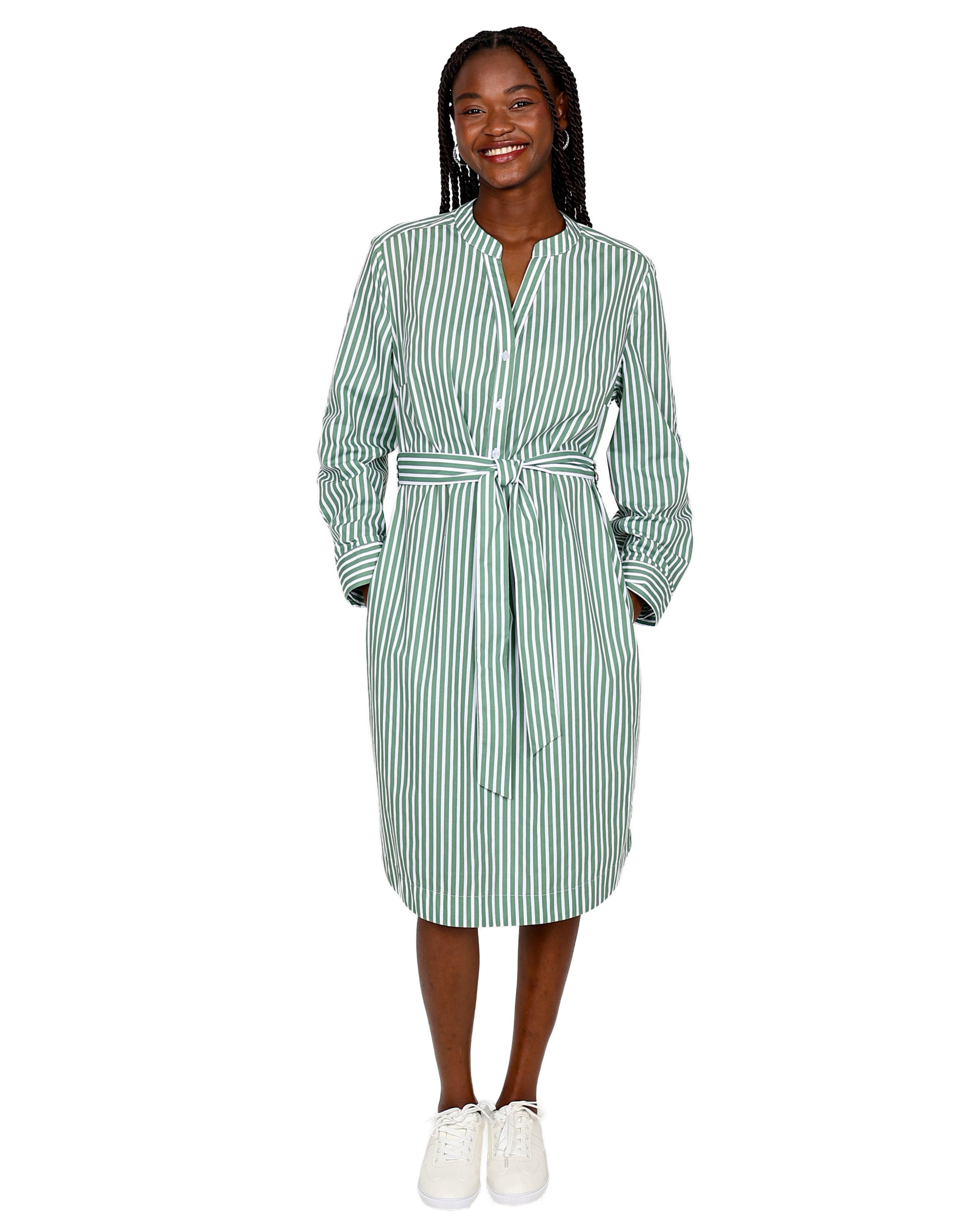 Green & White Striped Long Sleeve Button Through Shirt Dress