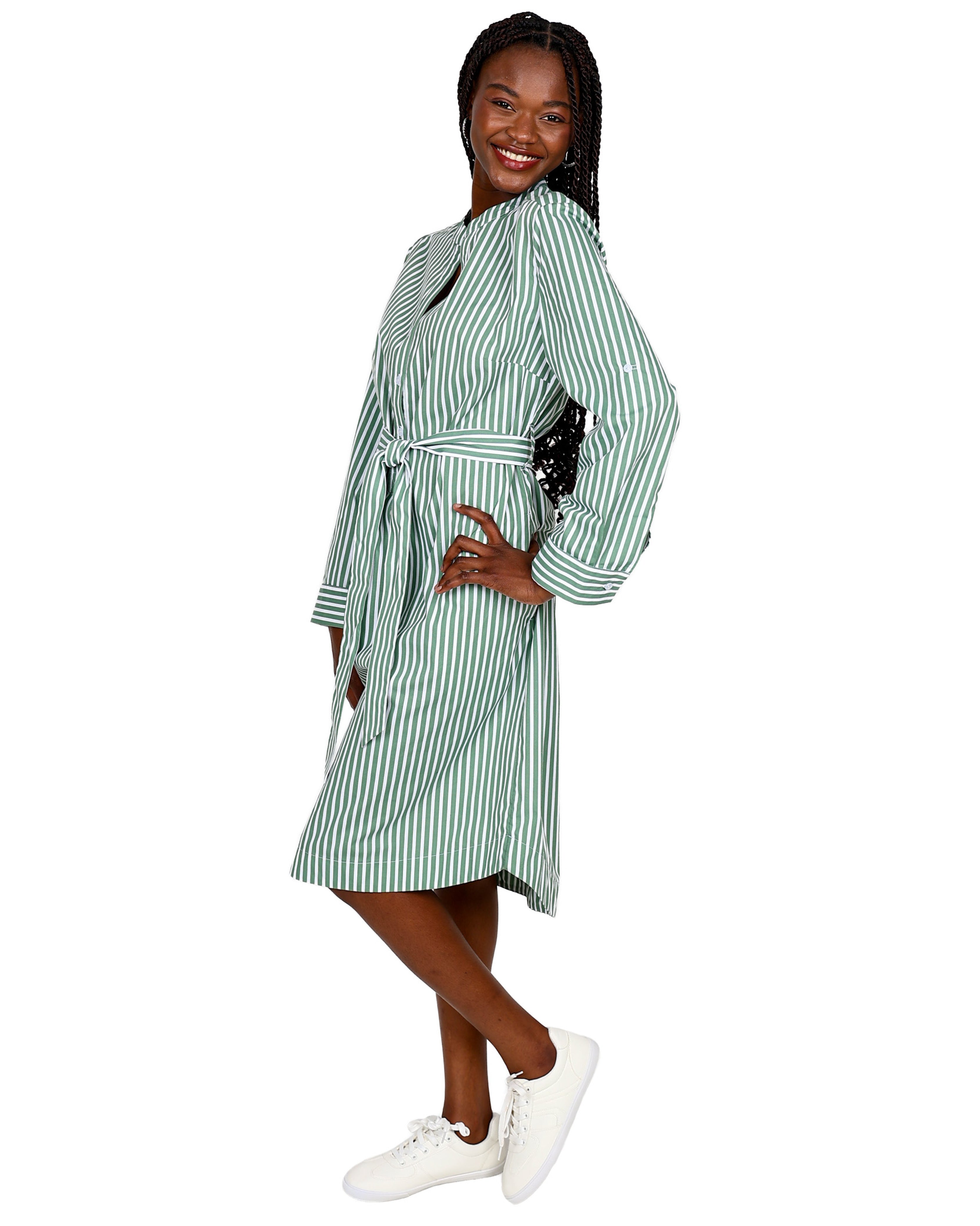 Green & White Striped Long Sleeve Button Through Shirt Dress