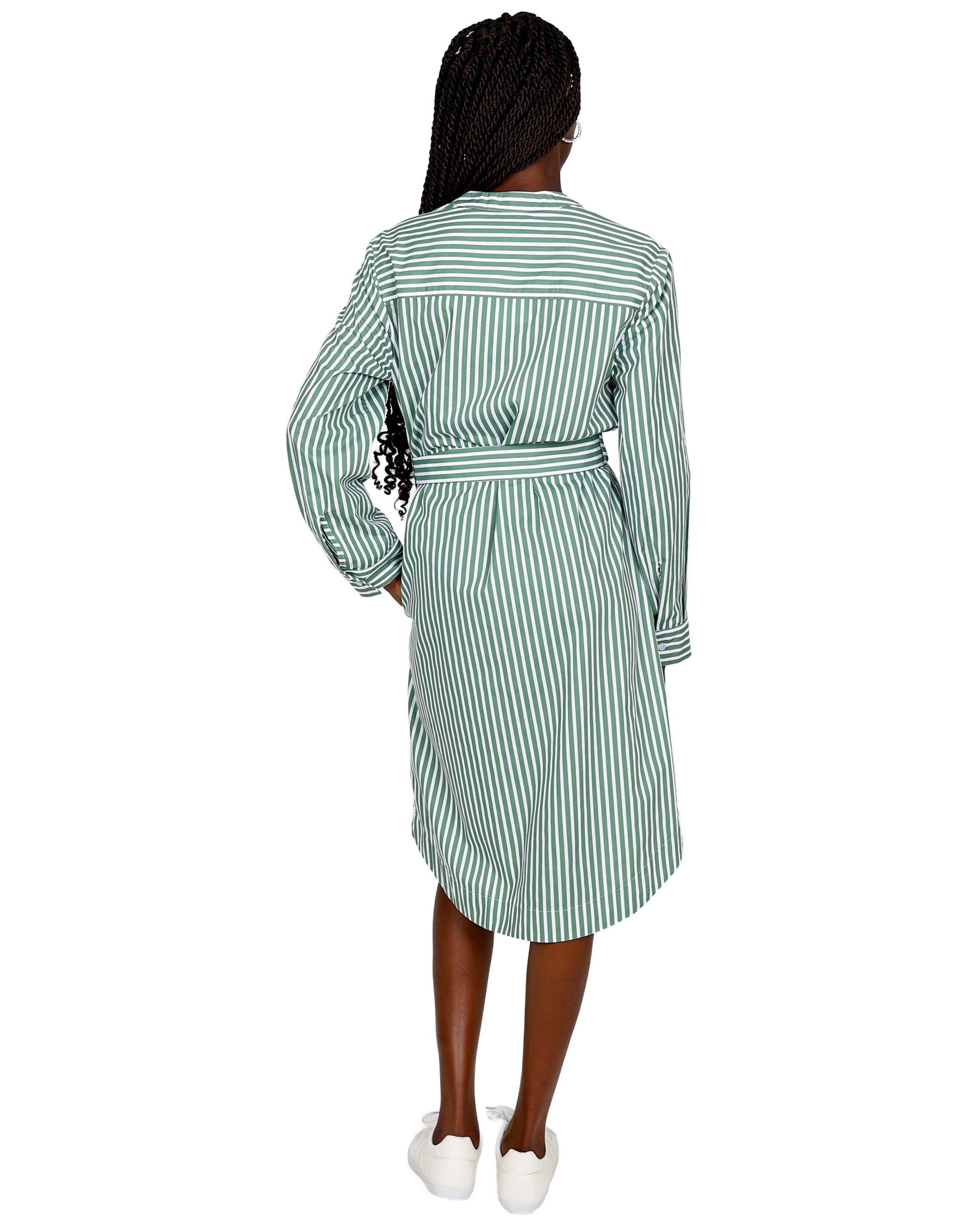 Green & White Striped Long Sleeve Button Through Shirt Dress