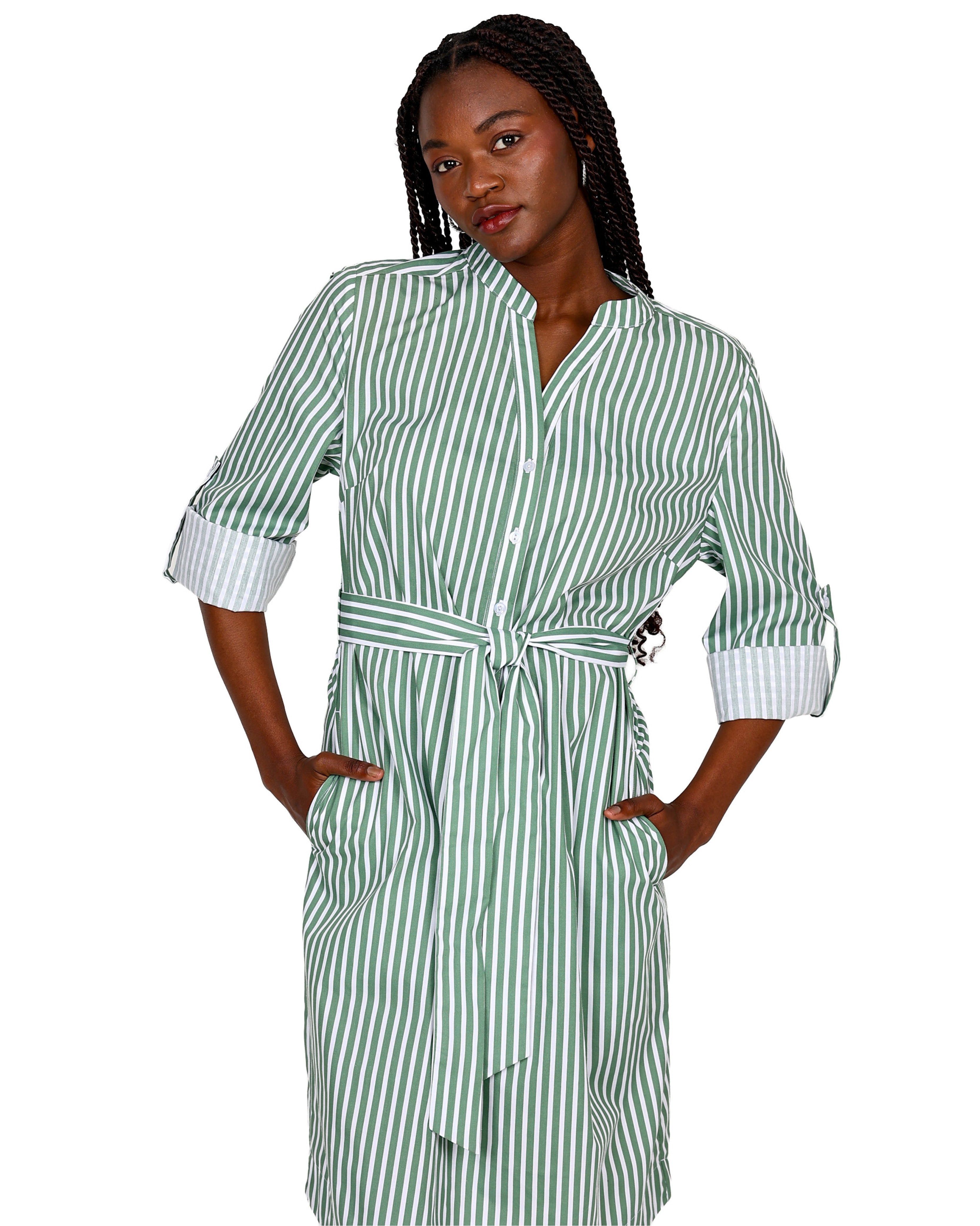 Green & White Striped Long Sleeve Button Through Shirt Dress