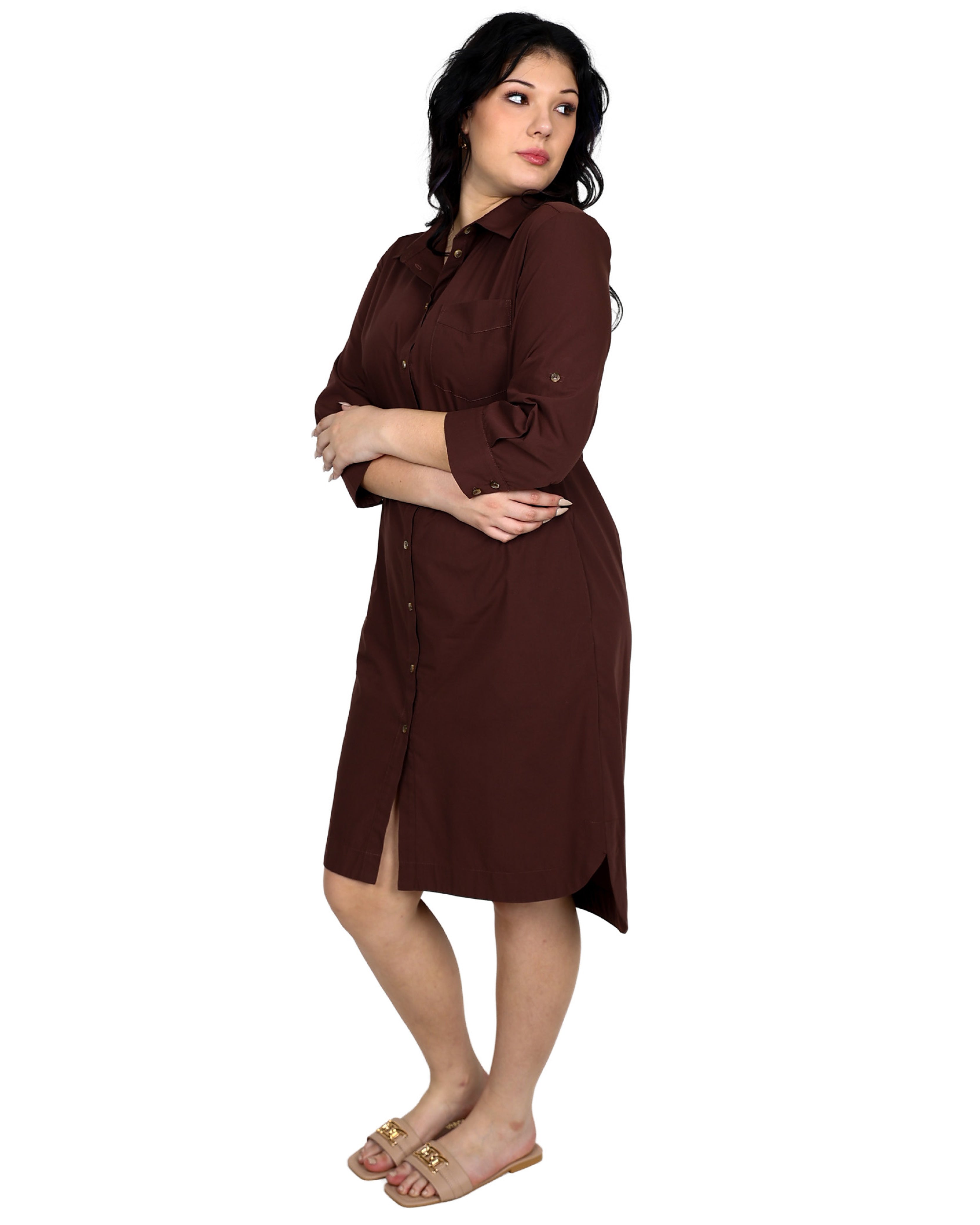3/4 Sleeve Button Through Chocolate Shirt Dress