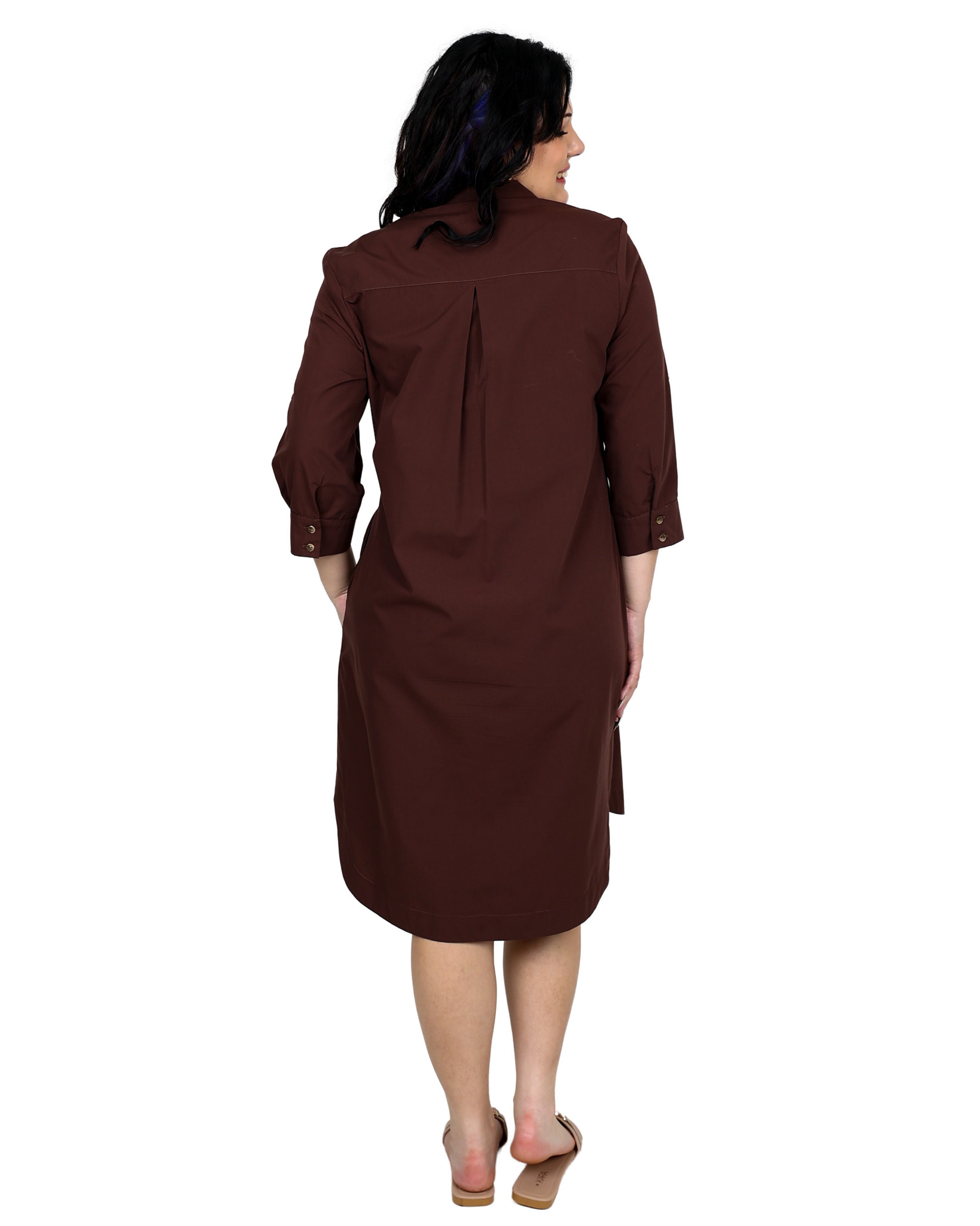 3/4 Sleeve Button Through Chocolate Shirt Dress
