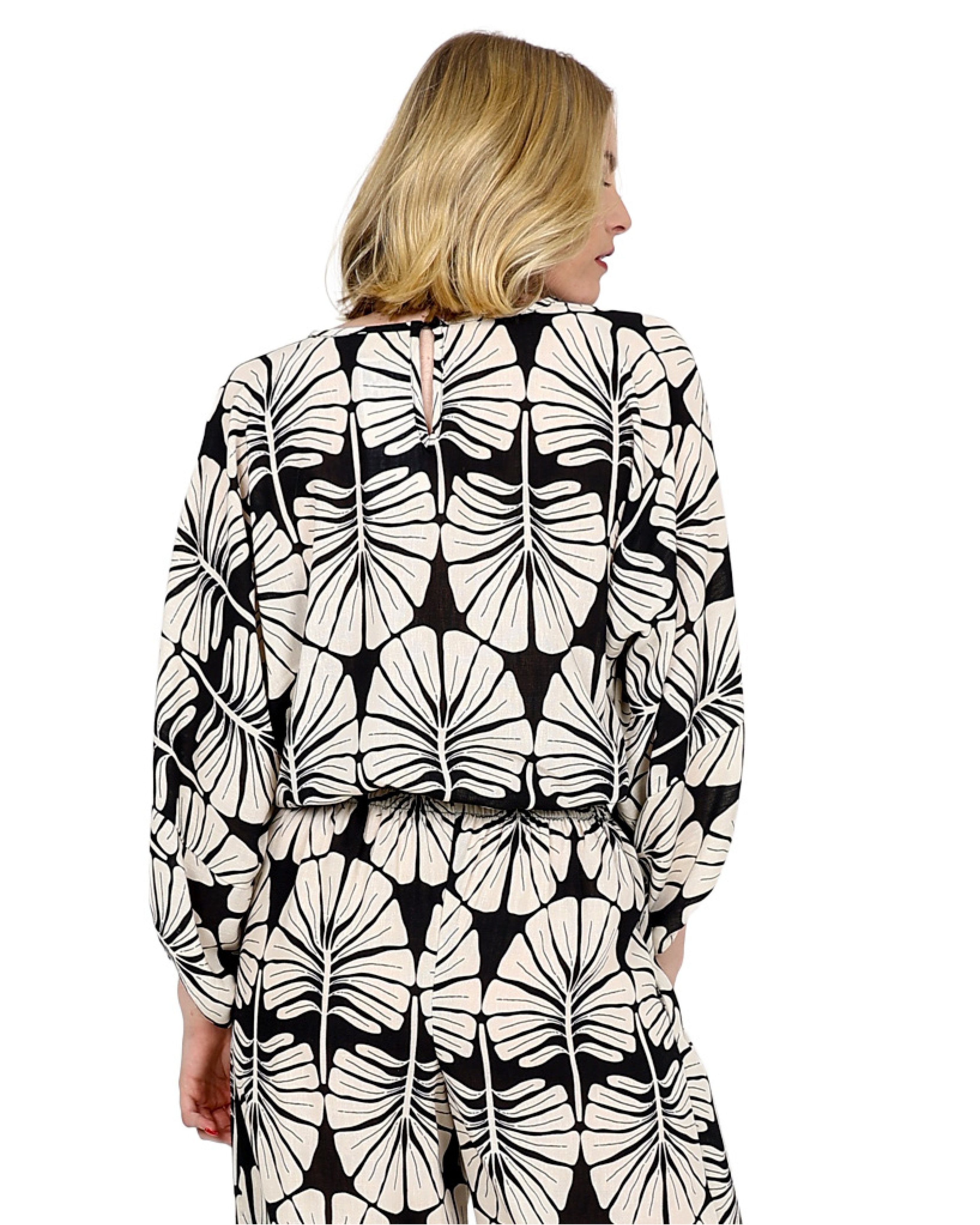 Linen Look Leaf Print 3/4 Sleeve Blouse