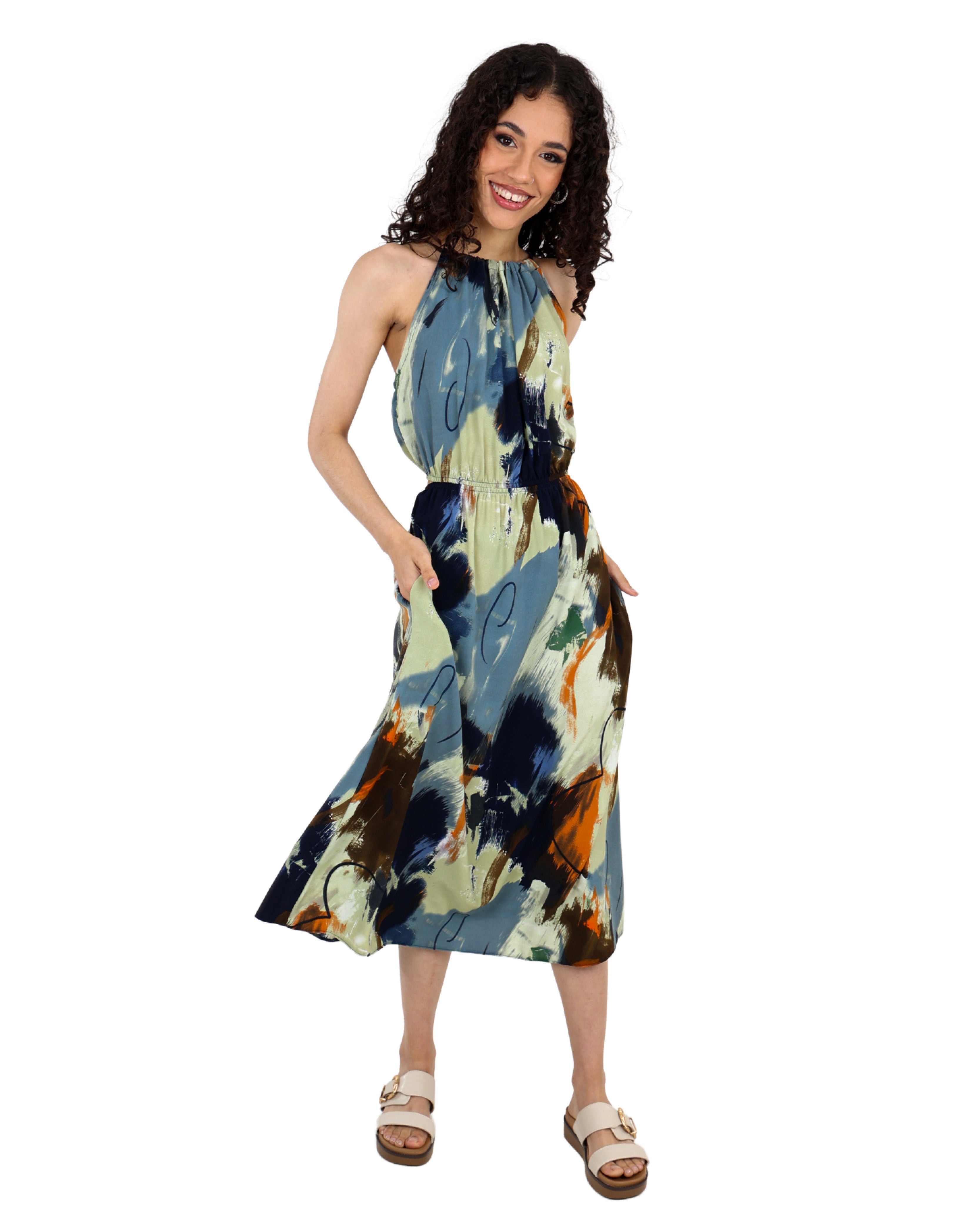 Abstract Print Cut Out Midi Dress