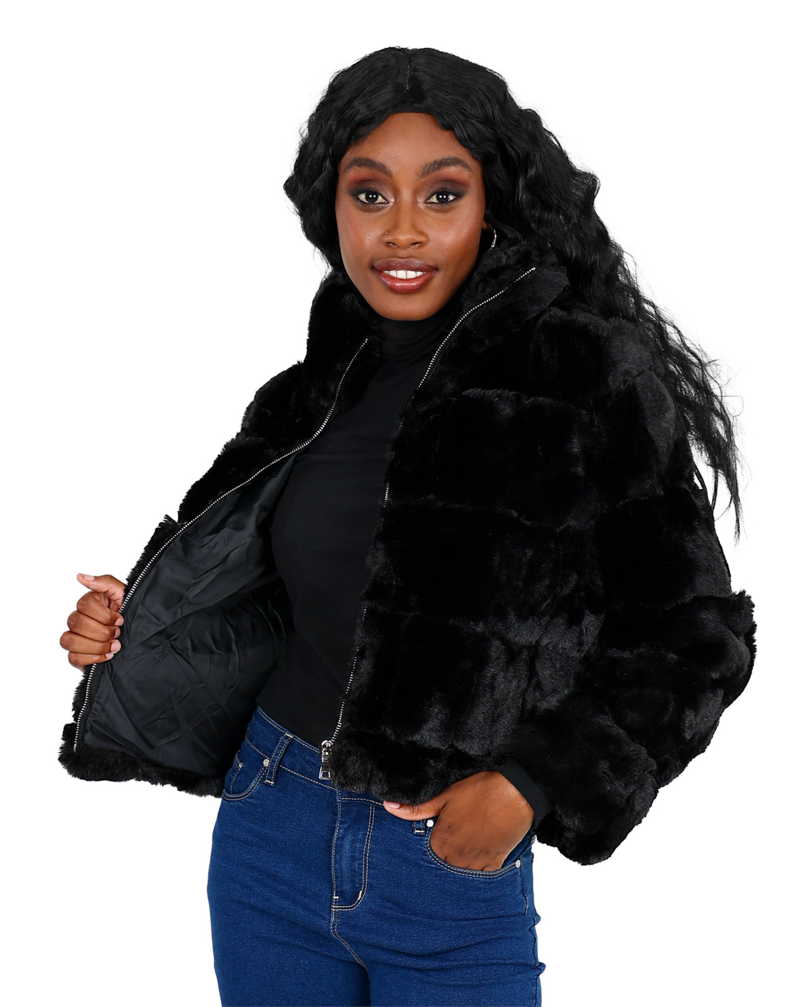 Cropped Black Faux Fur Zip Up Jacket