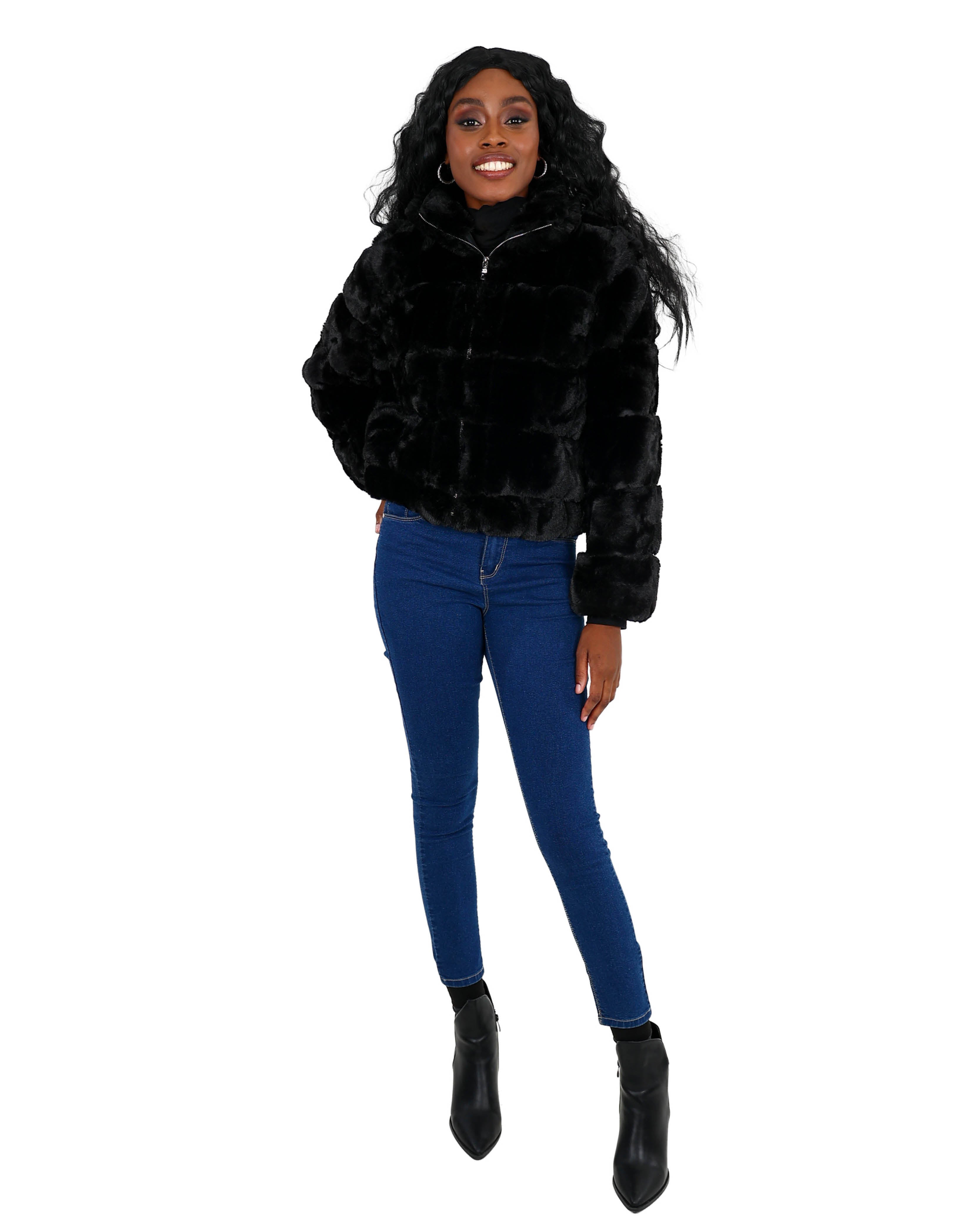 Cropped Black Faux Fur Zip Up Jacket