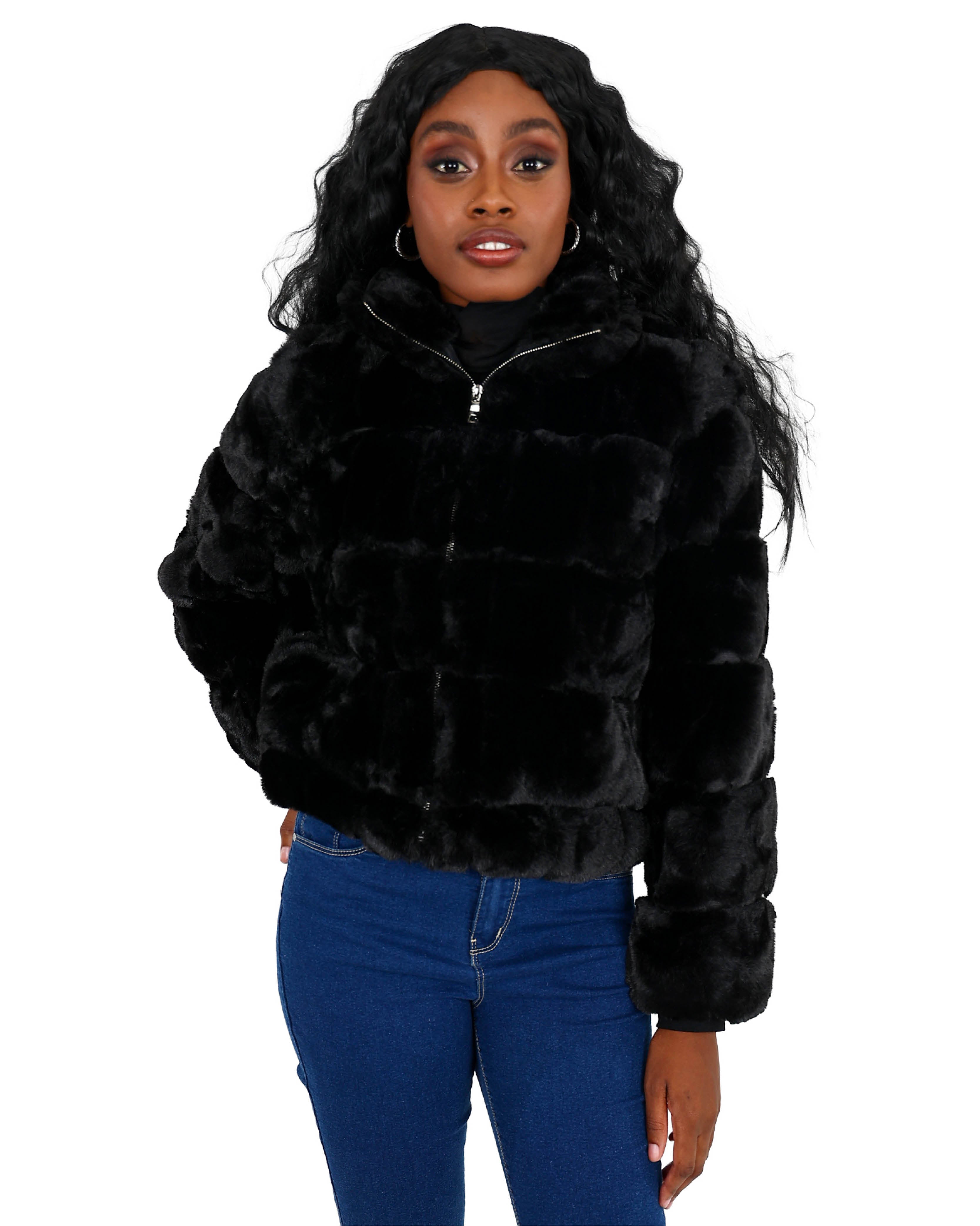 Cropped Black Faux Fur Zip Up Jacket
