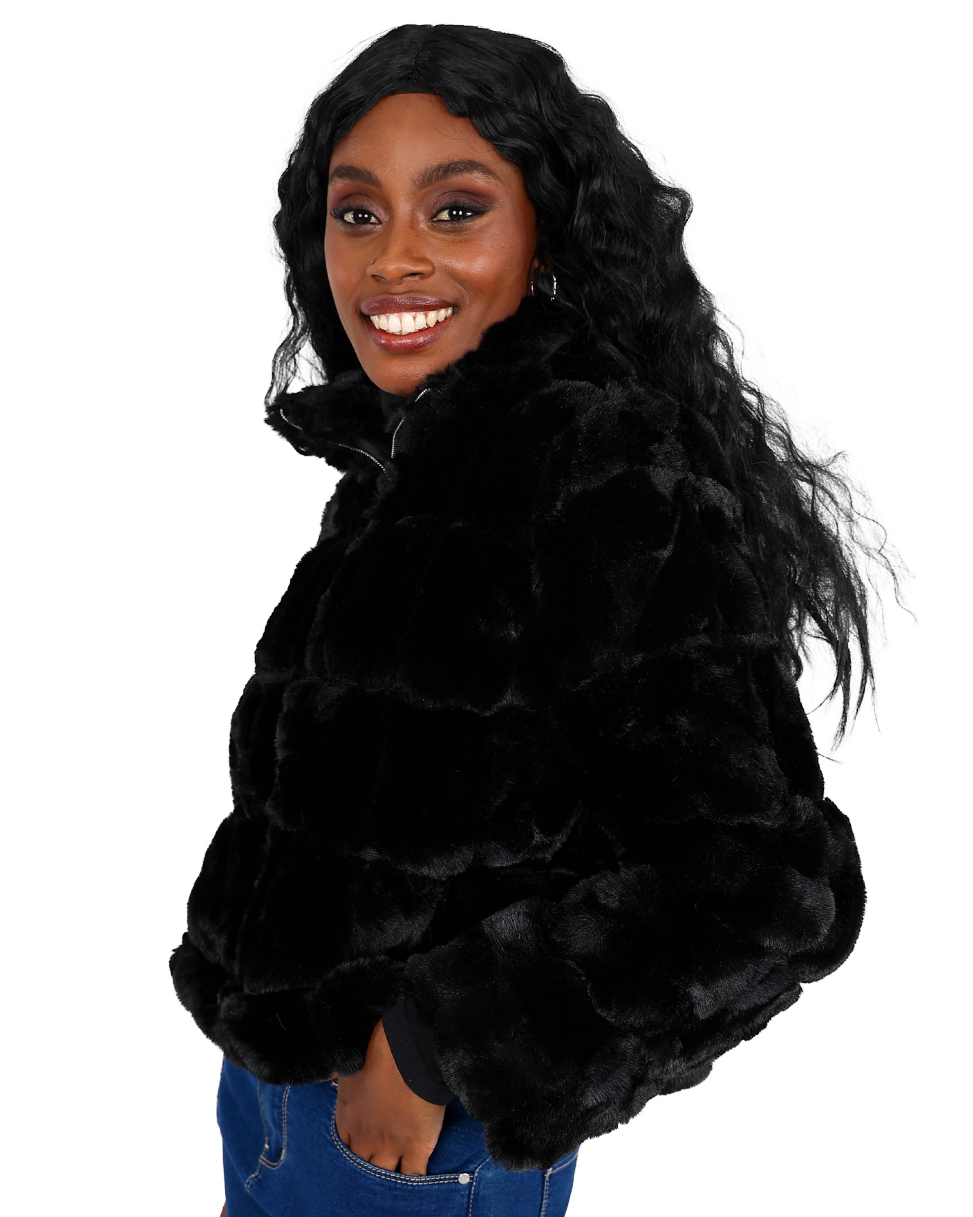 Cropped Black Faux Fur Zip Up Jacket