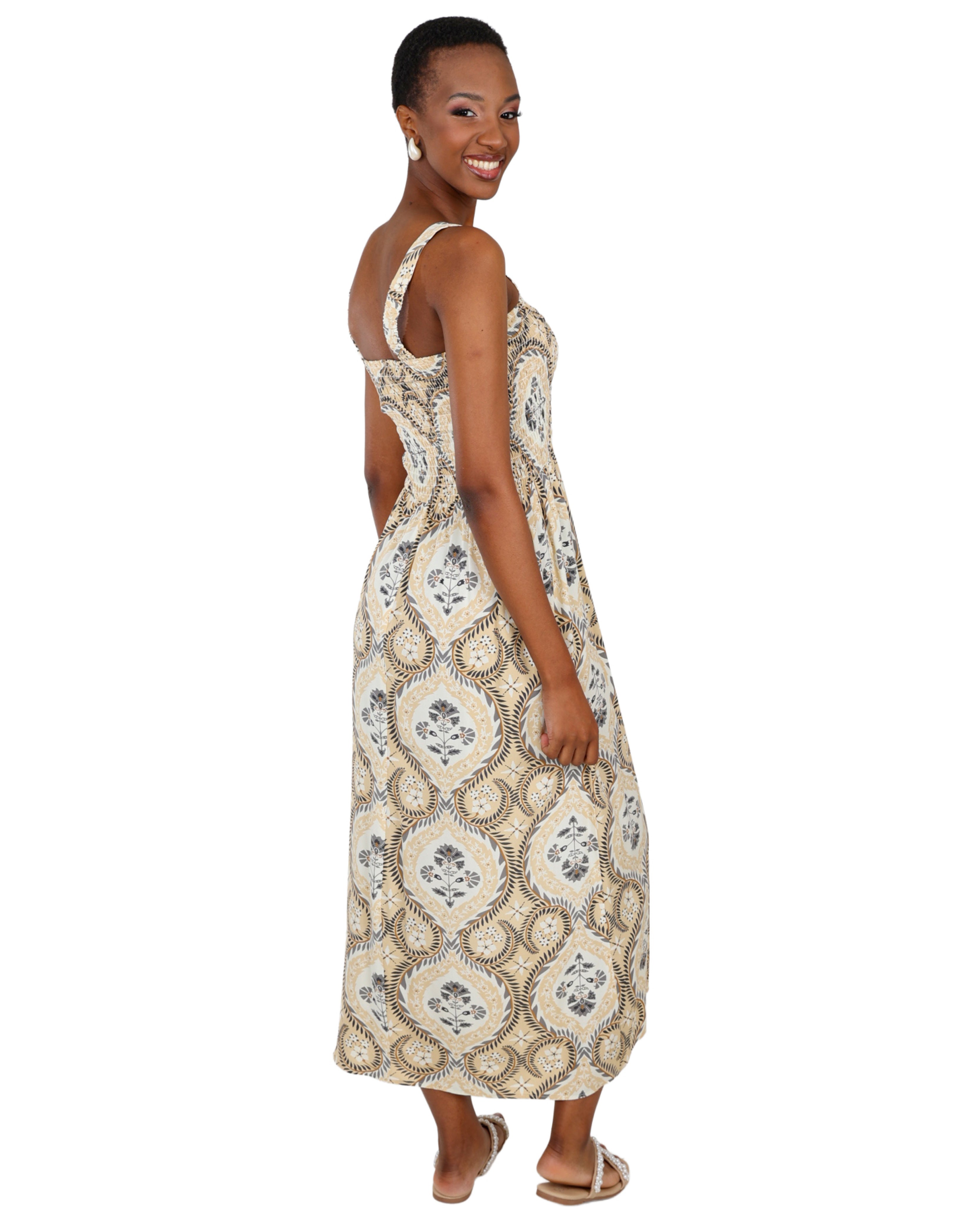 Strappy Smocked Maxi Print Dress