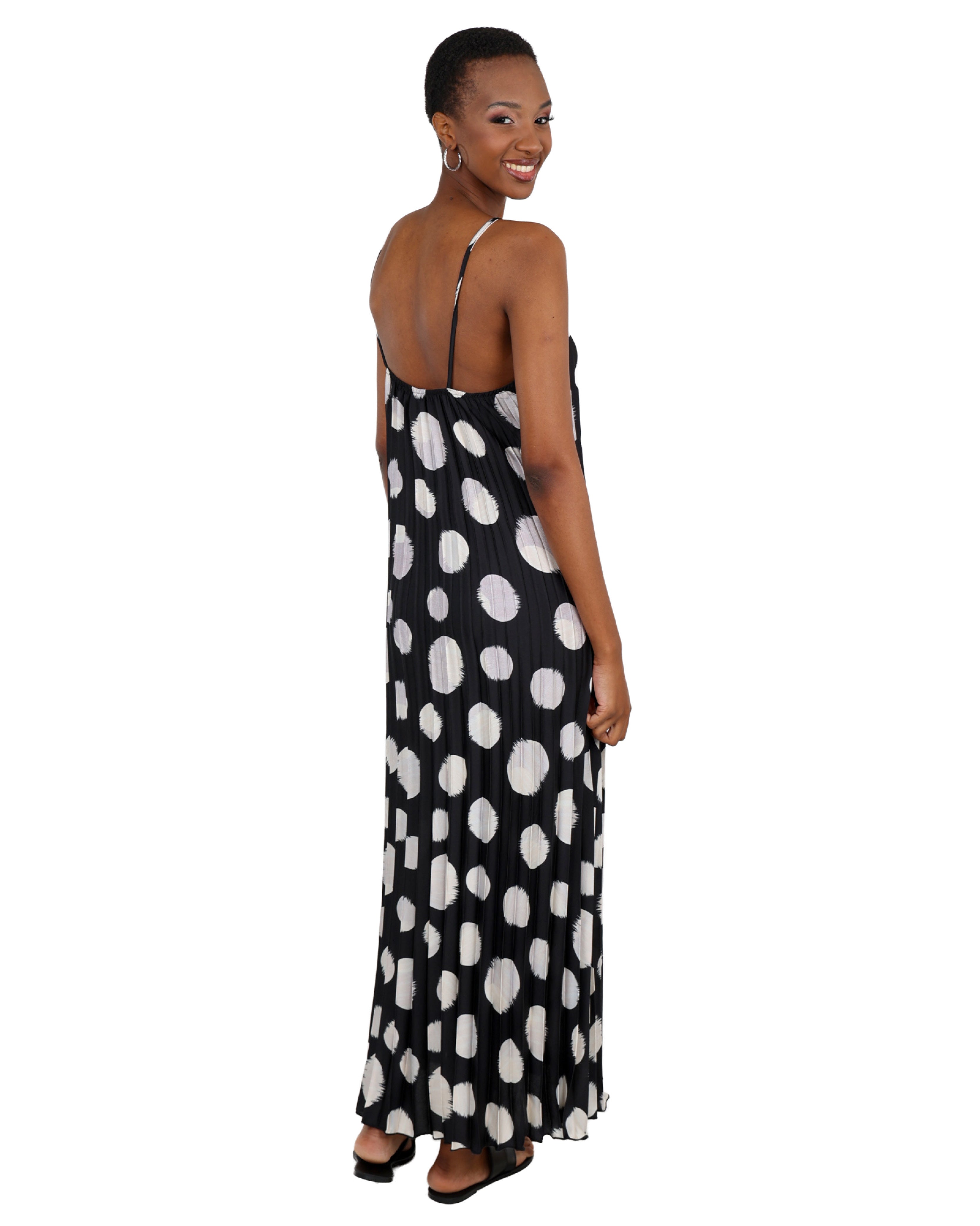 Strappy Polka Dot Pleated Maxi Dress