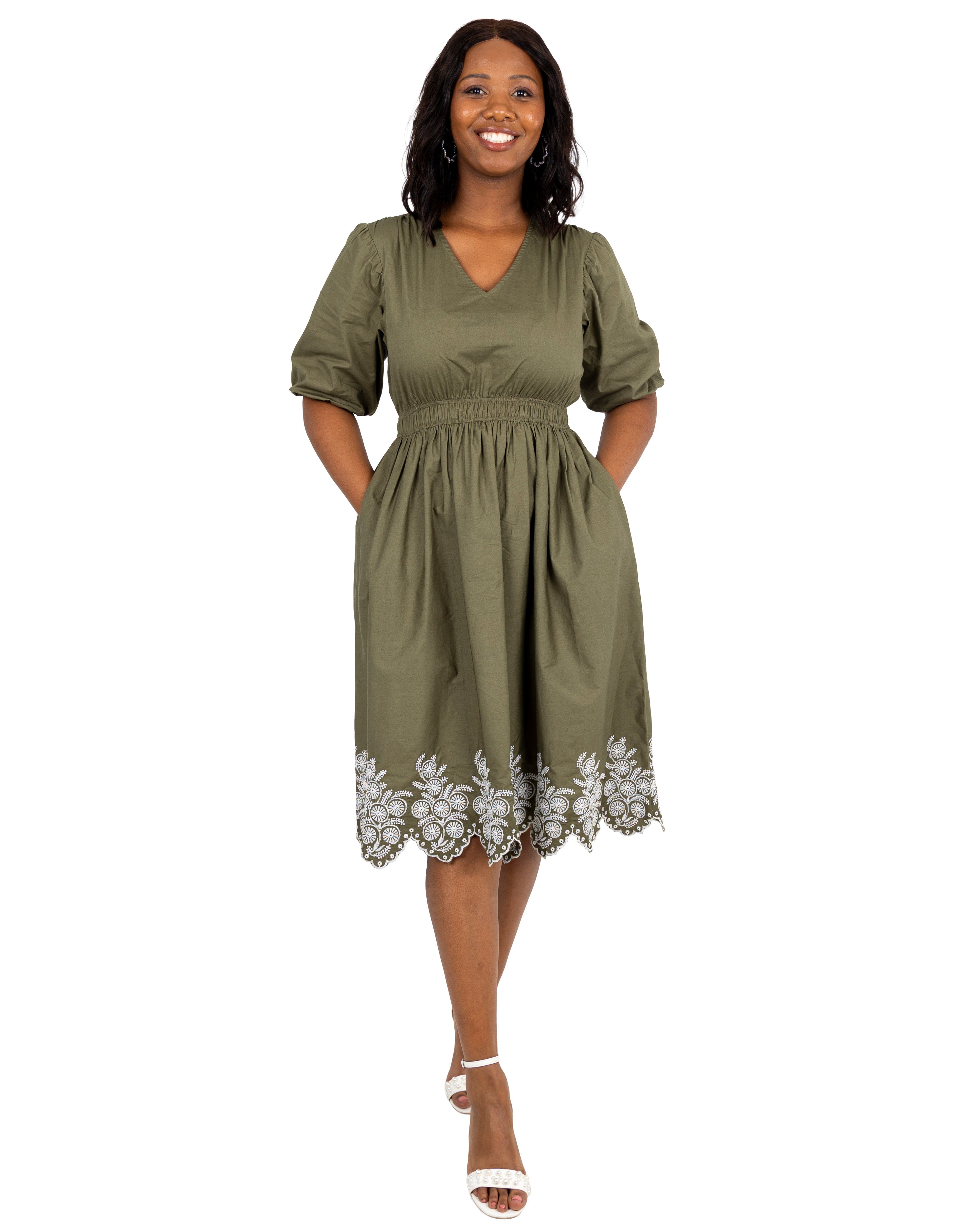 Puff Sleeve Embroidered Hem Midi Olive Dress
