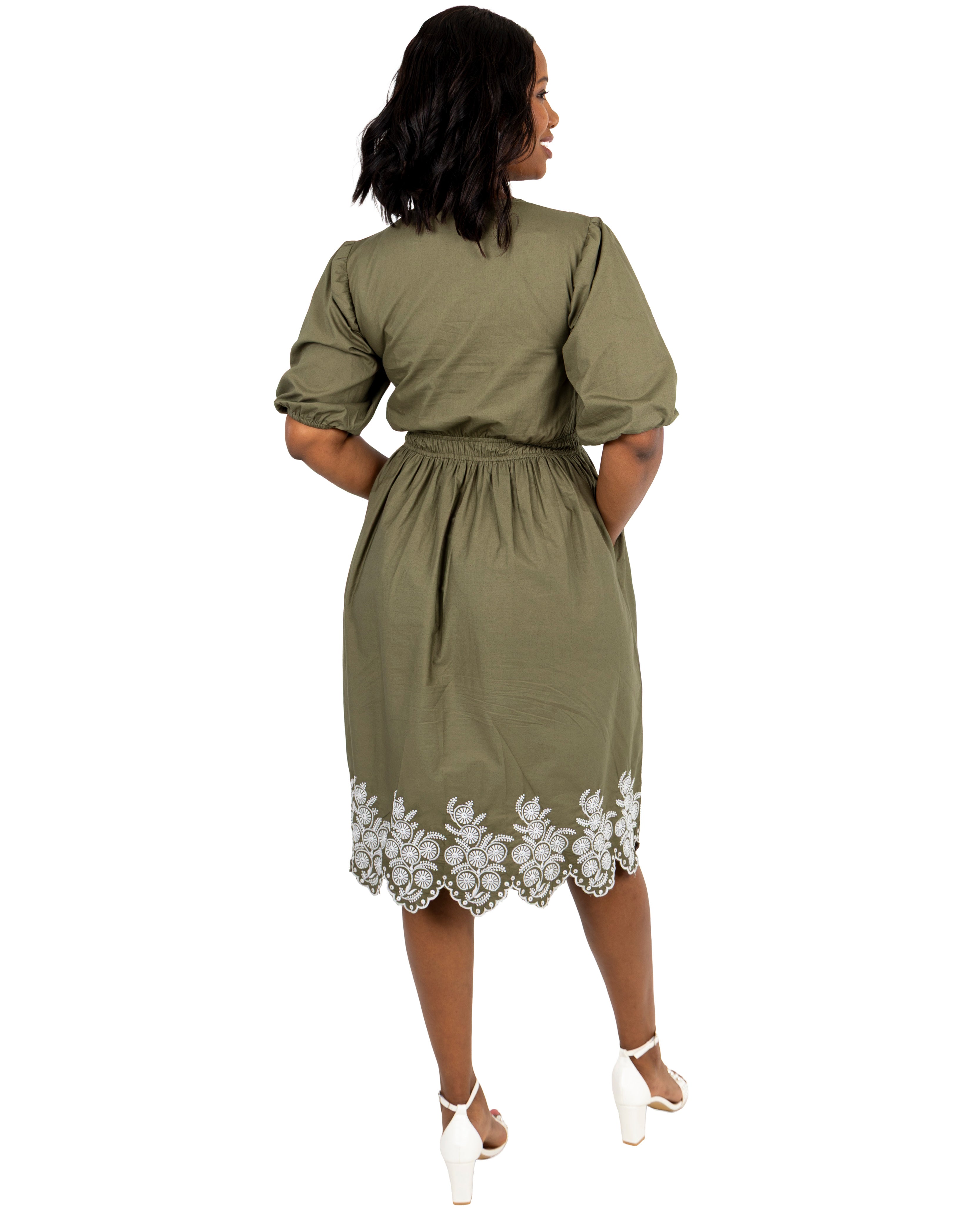 Puff Sleeve Embroidered Hem Midi Olive Dress