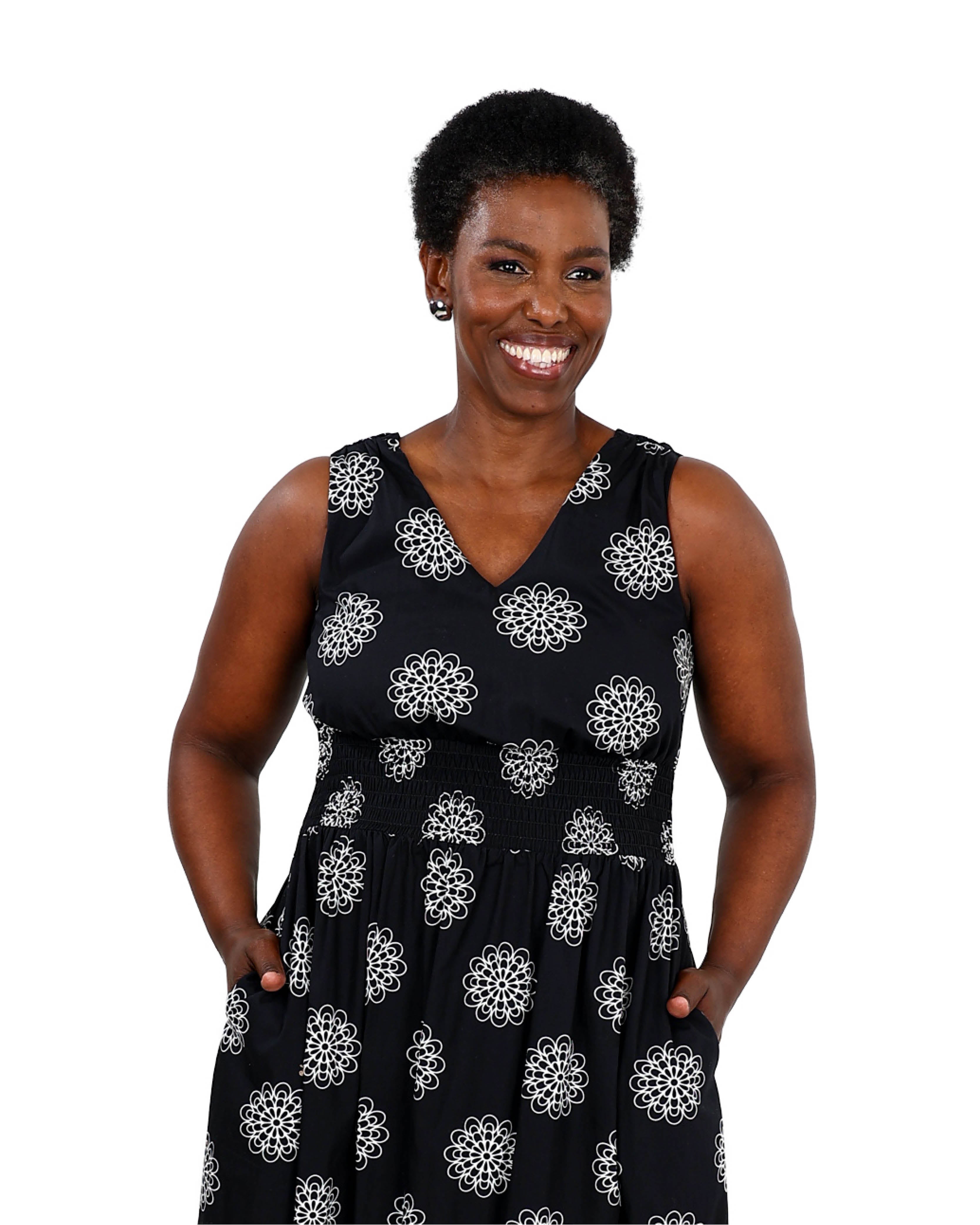 Monochrome Floral Print Smocked Maxi Dress