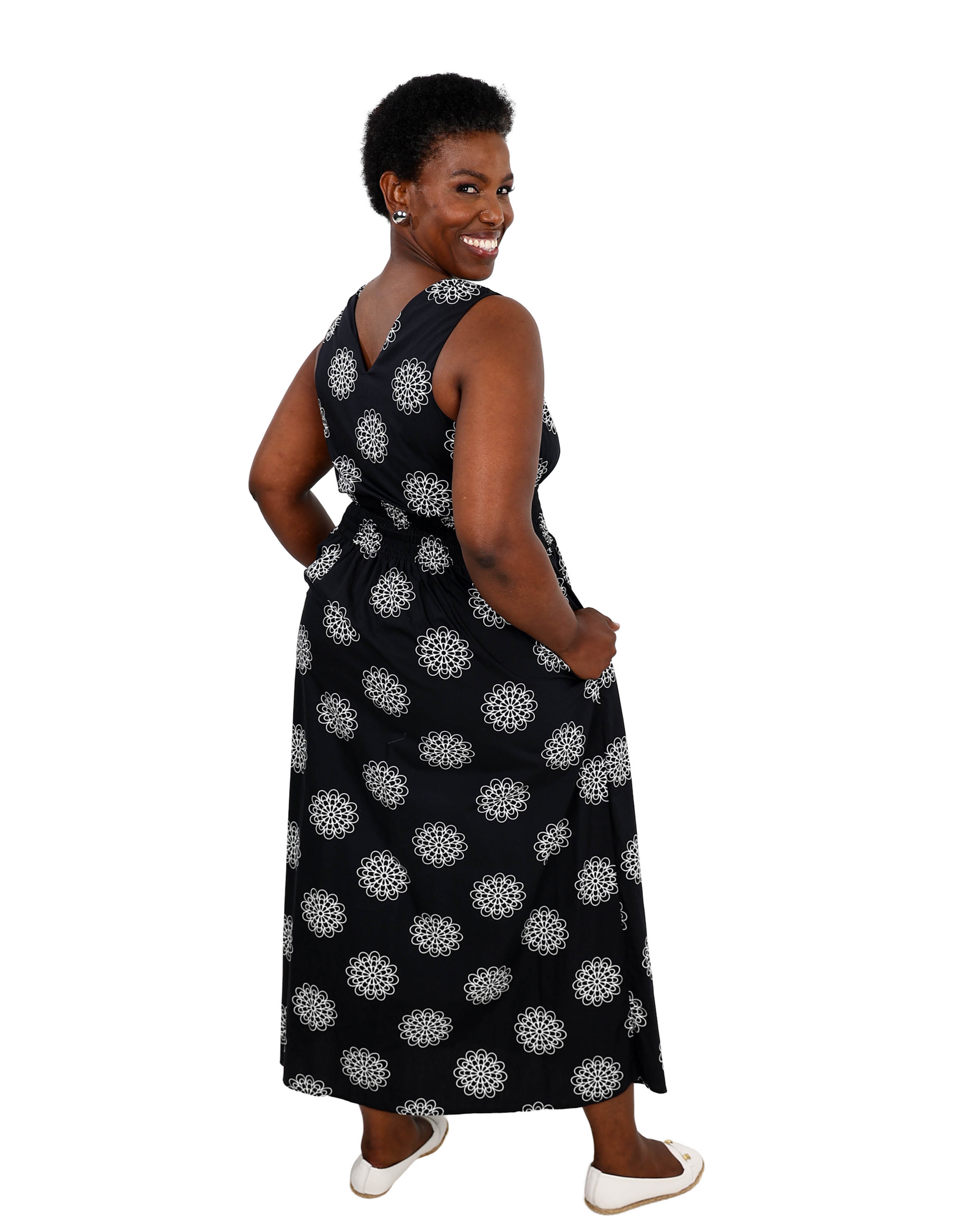 Monochrome Floral Print Smocked Maxi Dress