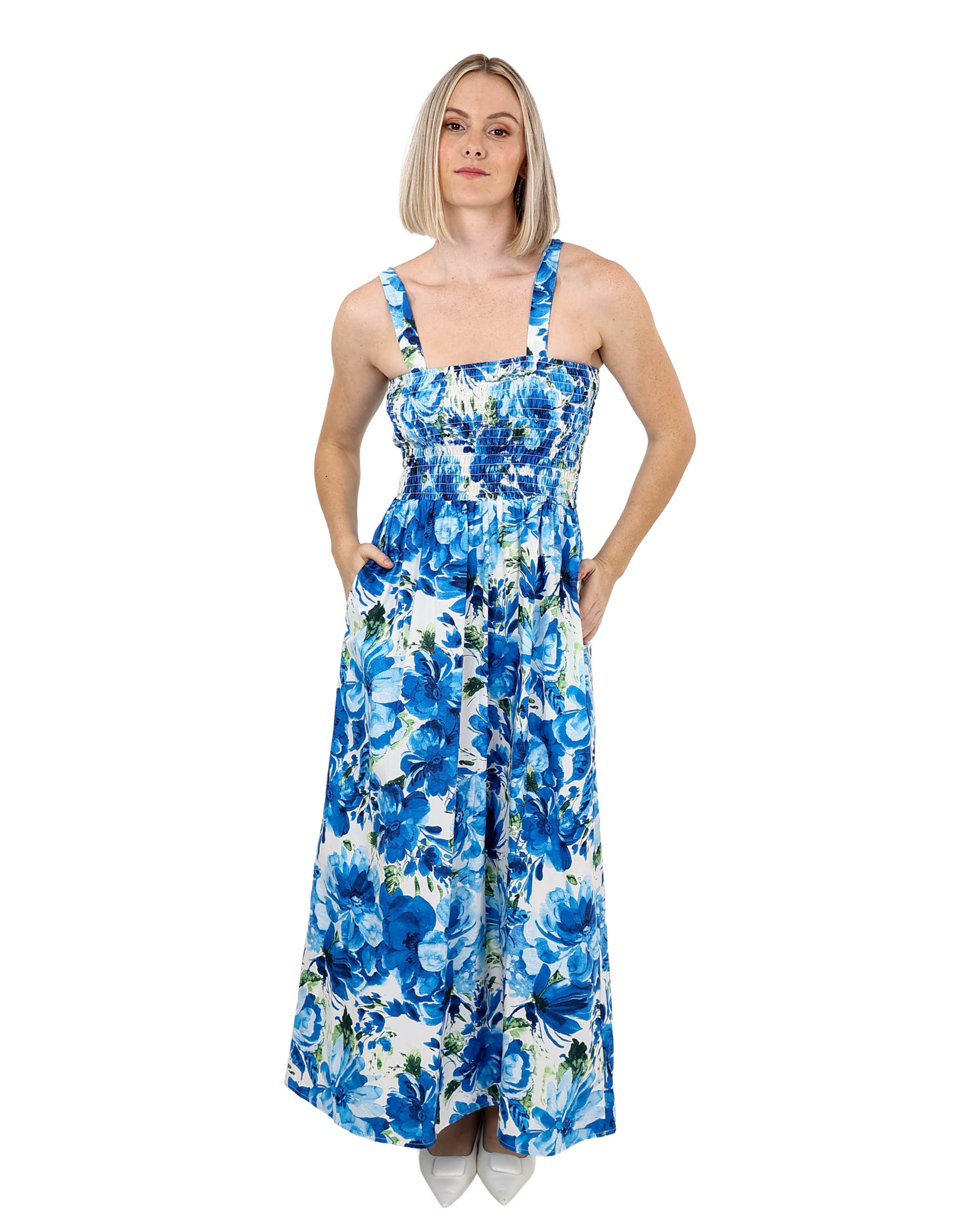Strappy Cobalt Smocked Maxi Dress