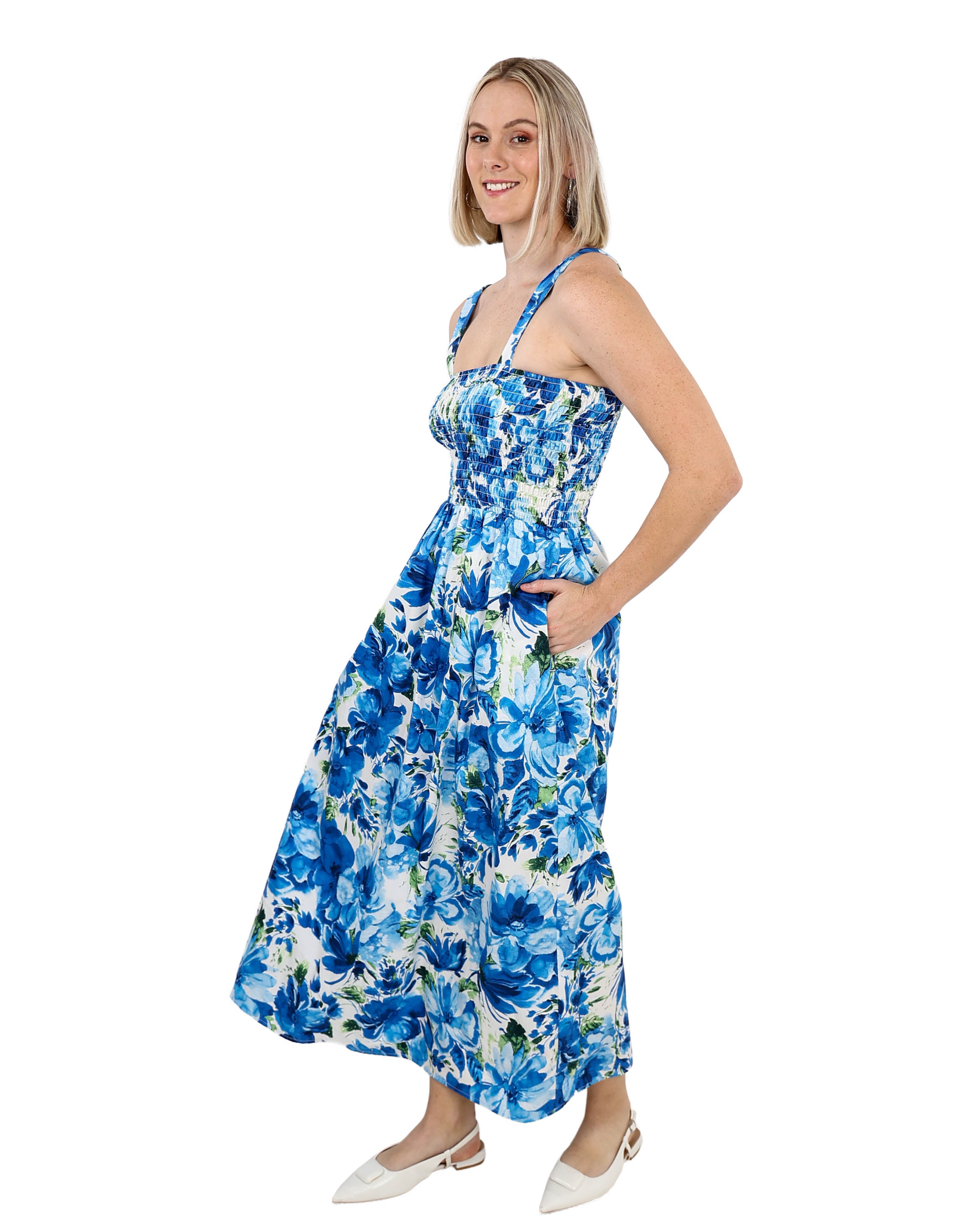 Strappy Cobalt Smocked Maxi Dress