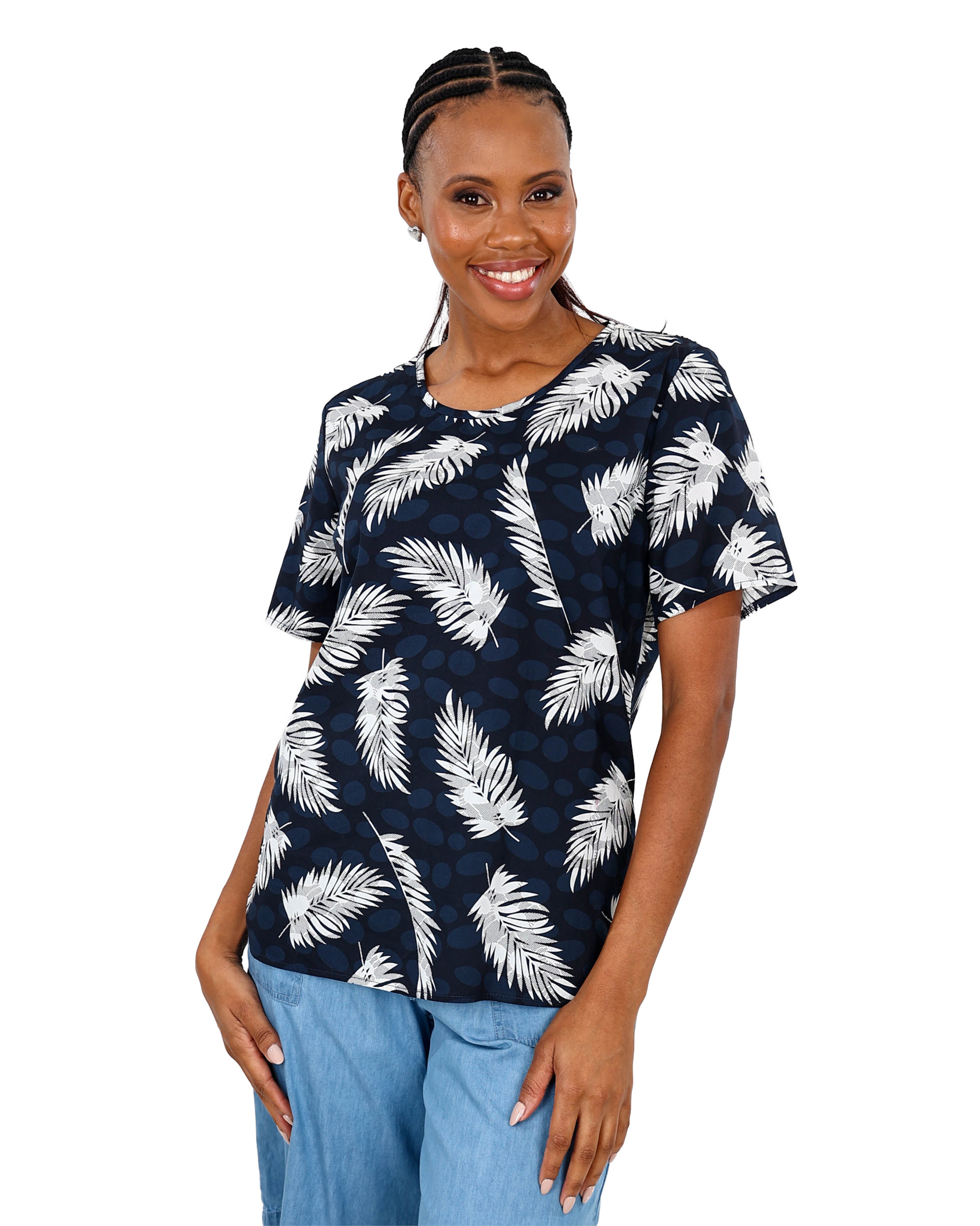 Short Sleeve Navy Leaf Print Blouse