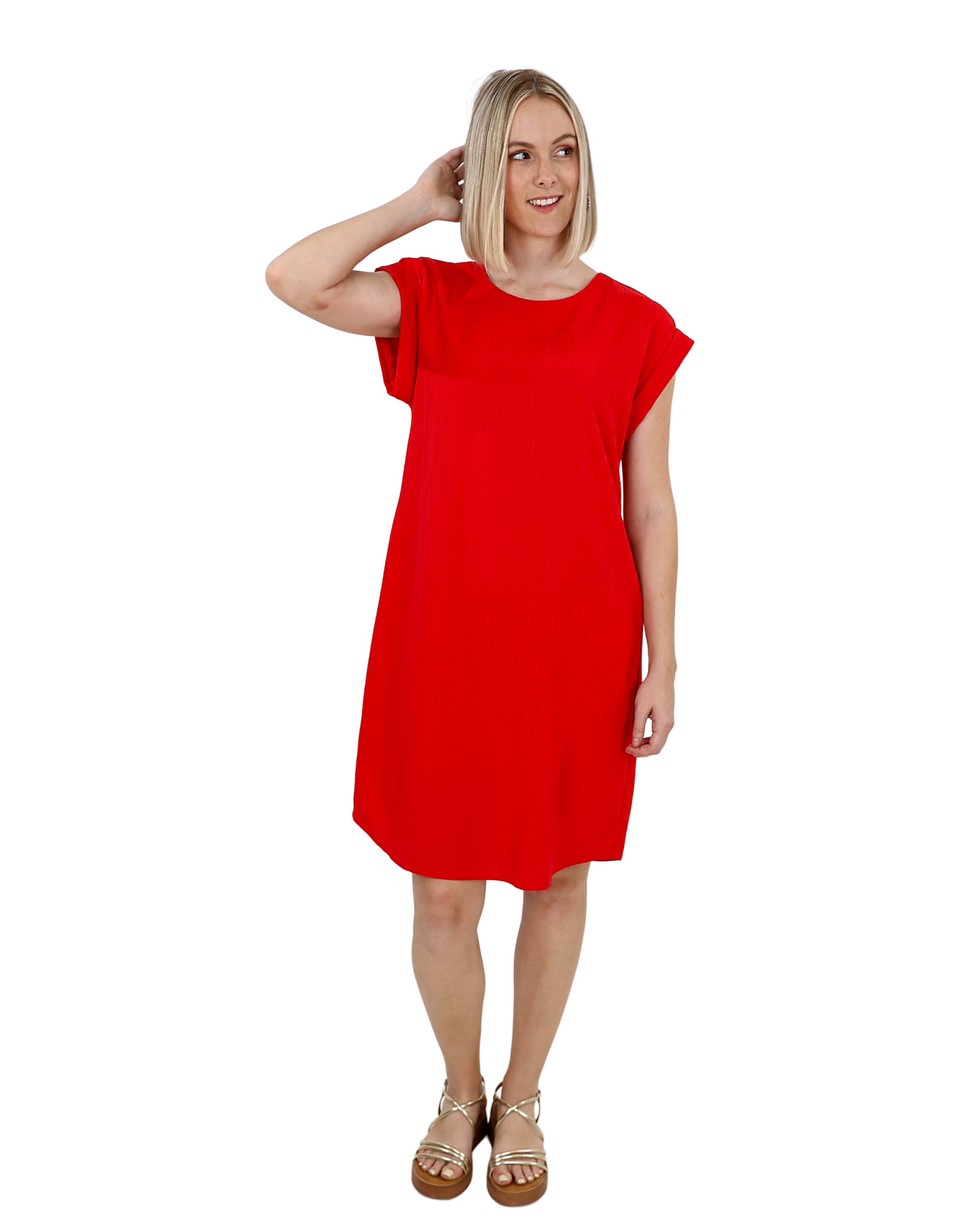 Red Short Sleeve Crinkle Shift Dress