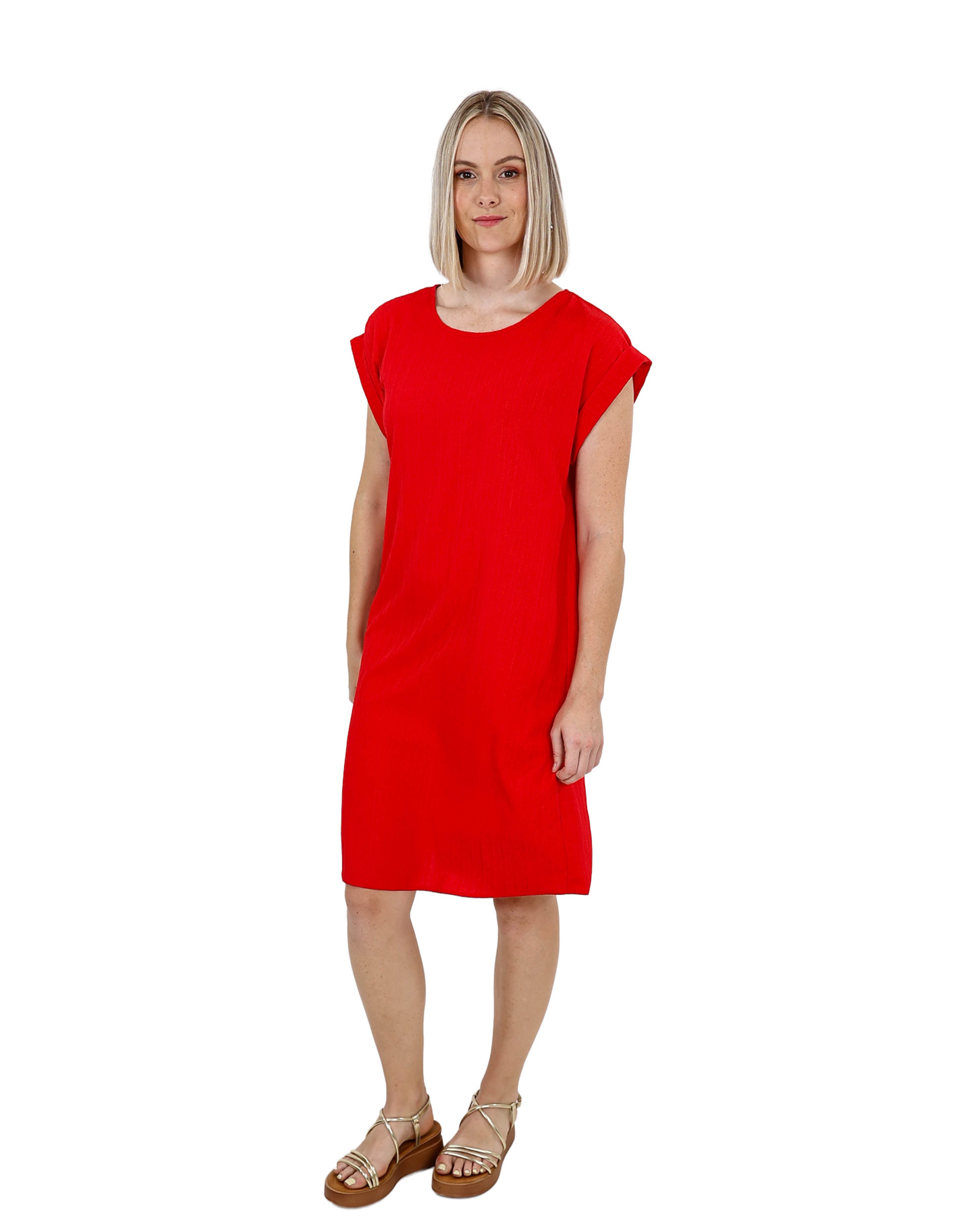 Red Short Sleeve Crinkle Shift Dress