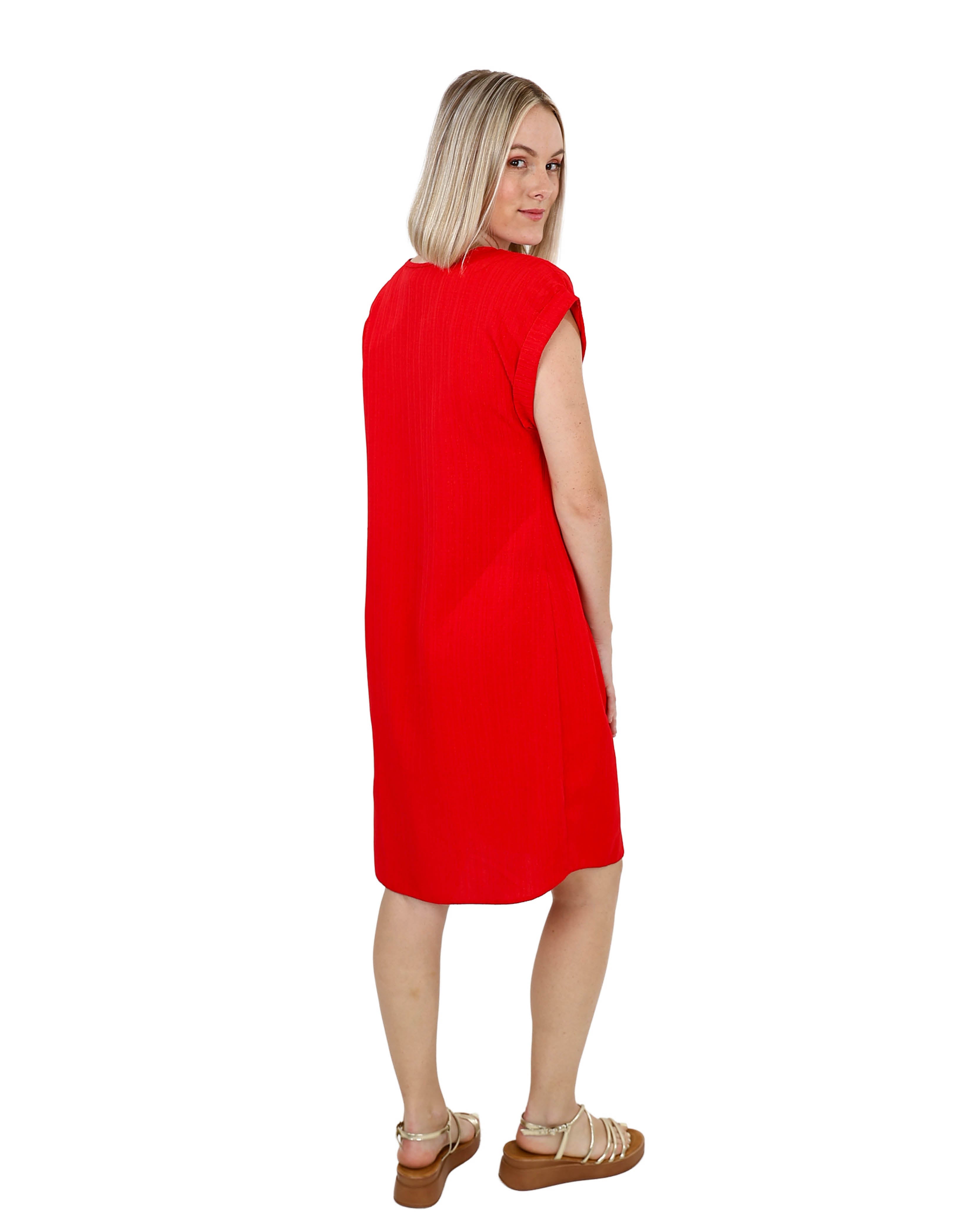 Red Short Sleeve Crinkle Shift Dress