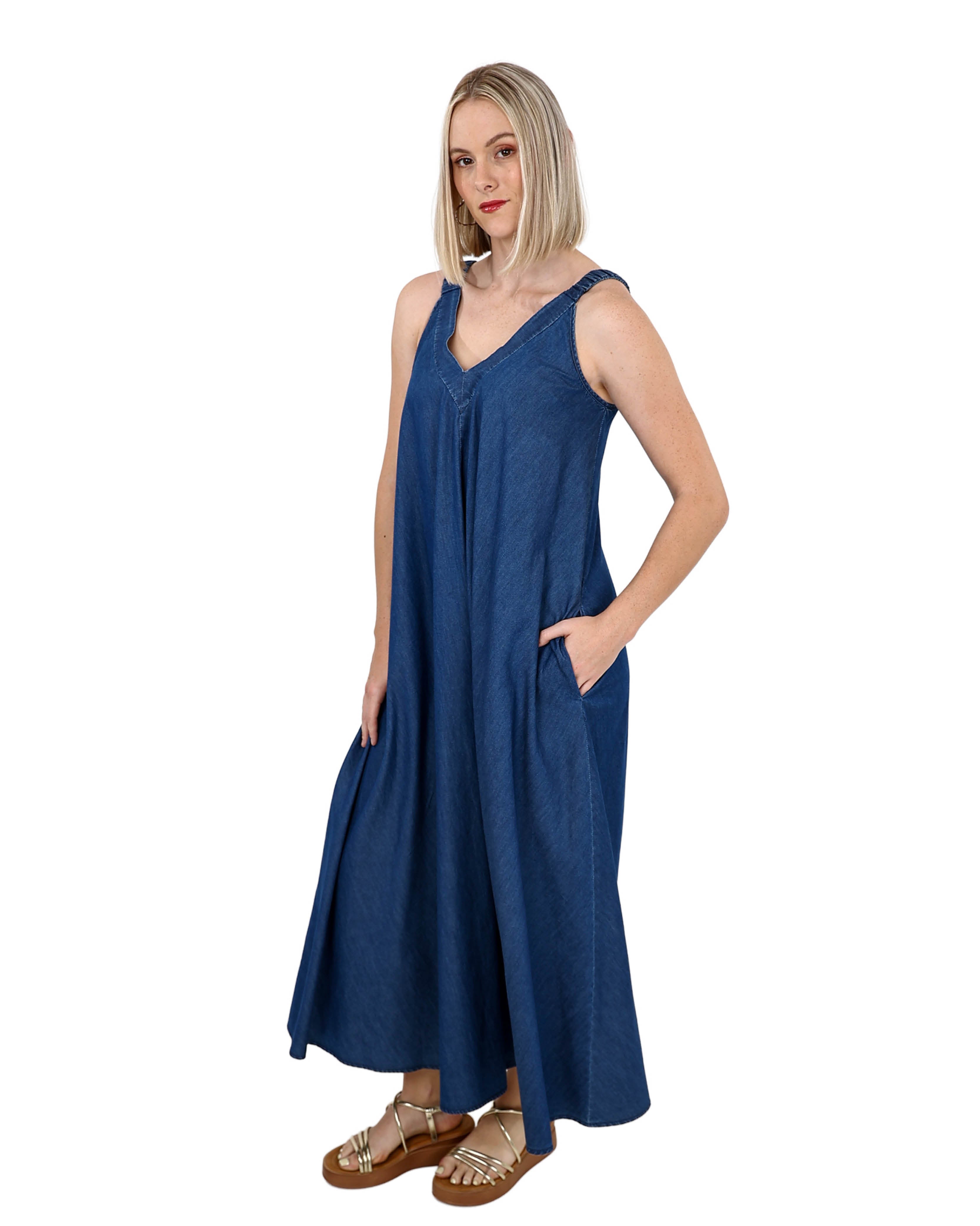 Sleeveless Medium Indigo V-Neck Flared Maxi Denim Dress