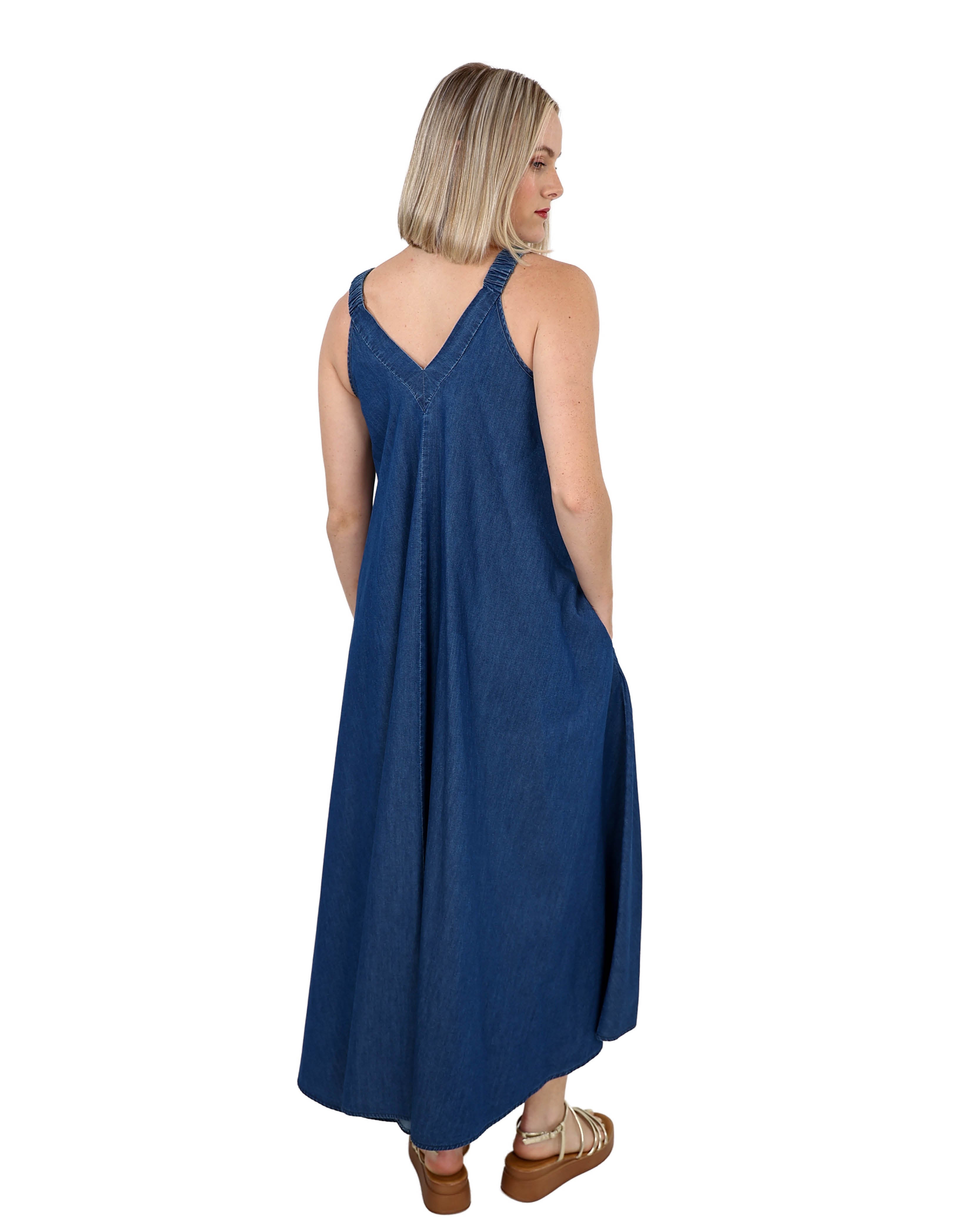Sleeveless Medium Indigo V-Neck Flared Maxi Denim Dress